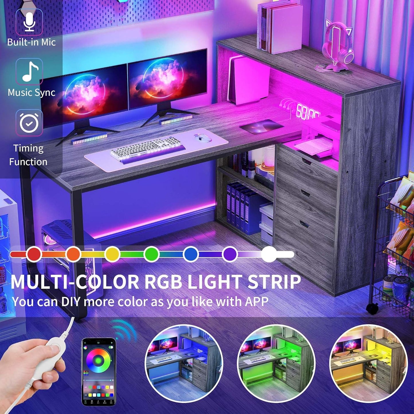 DWVO L Shaped Desk with Drawers, 55" Corner Computer Desk with Bookshelf & Power Outlets & LED Lights, Home Office Desk with Storage Shelves, Grey