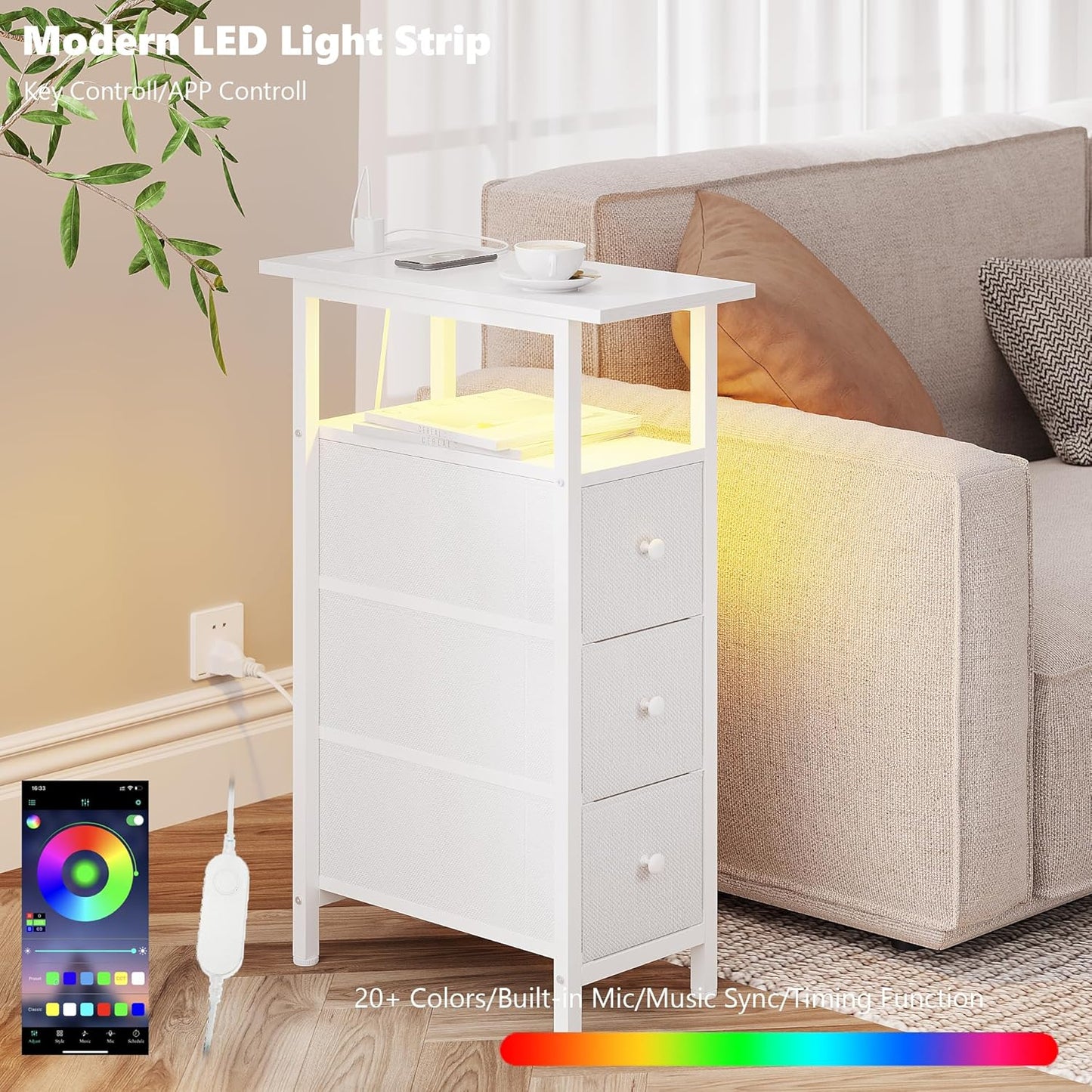 End Table with Charging Station, Narrow Side Table with 3 Fabric Drawers, Skinny Nightstand with LED Light, Slim Bedside Table for Bedroom, Living Room, Small Spaces, White