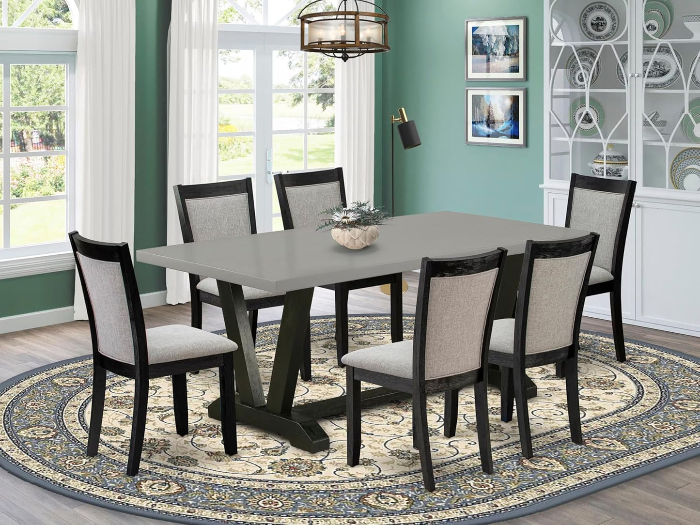 East West Furniture V697MZ606-7 7 Piece Dining Room Furniture Set Consist of a Rectangle Dining Table with V-Legs and 6 Shitake Linen Fabric Upholstered Chairs, 40x72 Inch, Multi-Color
