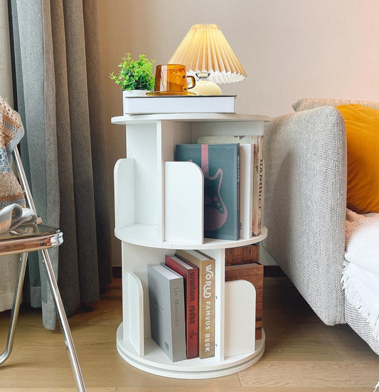 Heehee Wooden Rotating Bookshelf 360 Display Floor Standing Bookcase Storage Rack for Kids&Adults Multi-Functional Bookshelf Organizer (White (2-Tier))
