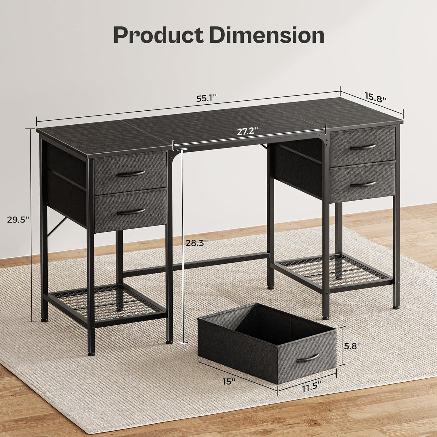 Huuger 55 Inch Computer Desk with 4 Drawers and Mesh Shelf, Gaming and Work Desk for Home Office, Study, Bedroom, Work from Home