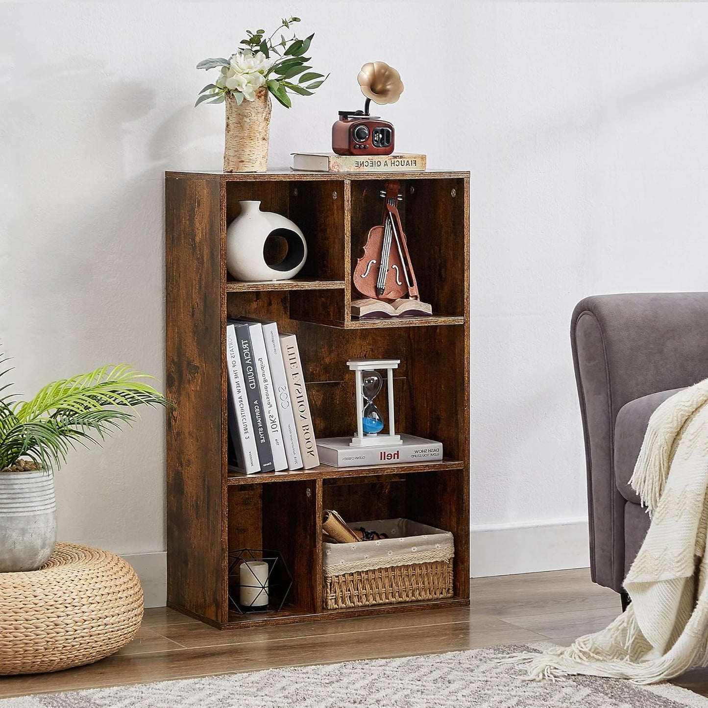 VECELO Modern Bookshelf, 5 Cube Shelf, Fits Tallest Hardcovers, Horizontal Available, Storage Organzier for Home Office, Vintage Brown