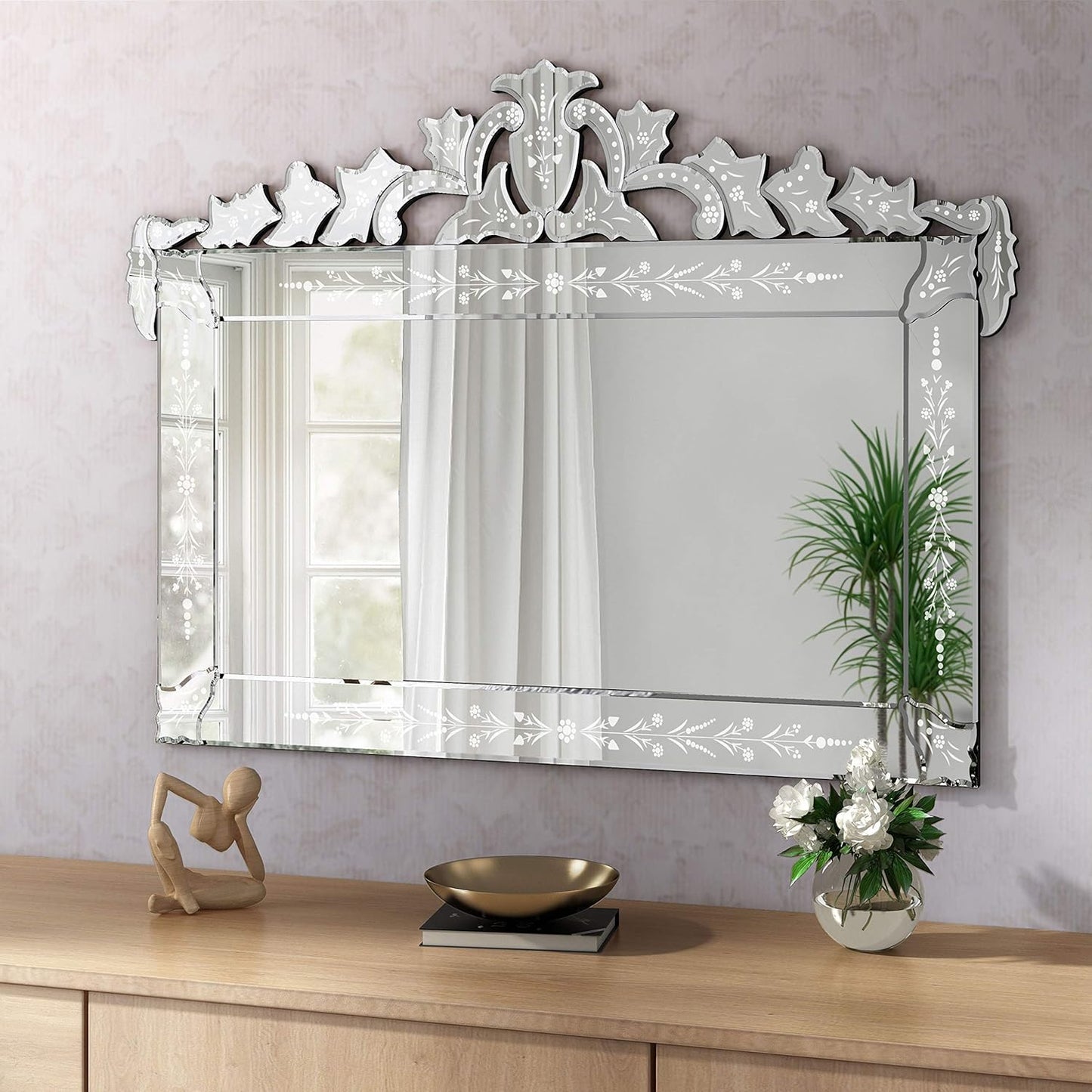 KOHROS Large Decorative Wall Mirrors for Living Room 41x31 Inch Venetian Wall Mirror with Ornate Crown, Etched Floral Design Beveled Edge Rectangle Decorative Mirror for Bedroom Dining Room Hallway