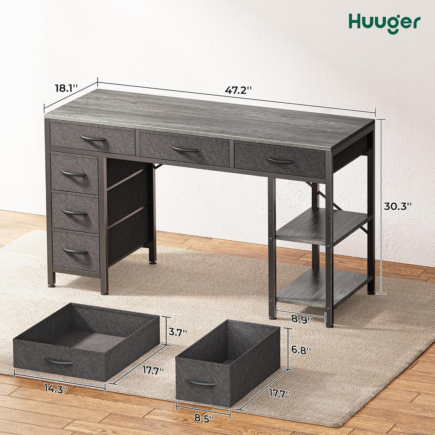 Huuger Computer Desk with 6 Drawers, 47 Inch Office Desk with Shelves, Reversible Gaming Desk, Corner Desk with Storage, for Home Office Study, Living Room, Gray
