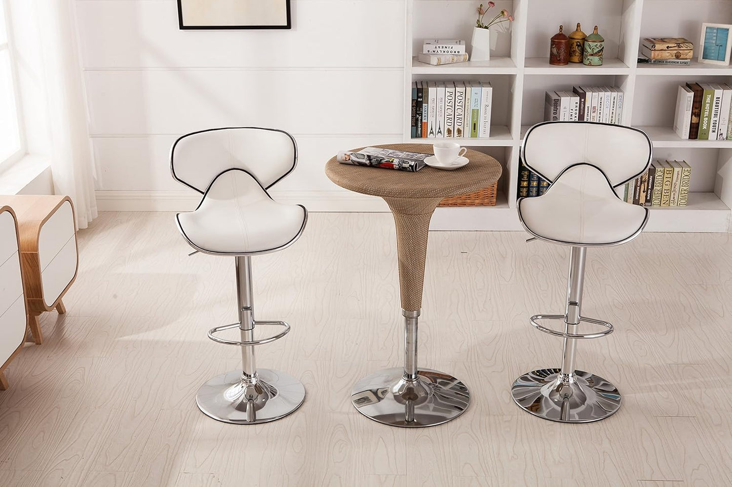 Roundhill Furniture Masaccio Cushioned Leatherette Upholstery Airlift Adjustable Swivel Barstool with Chrome Base, Set of 2, White
