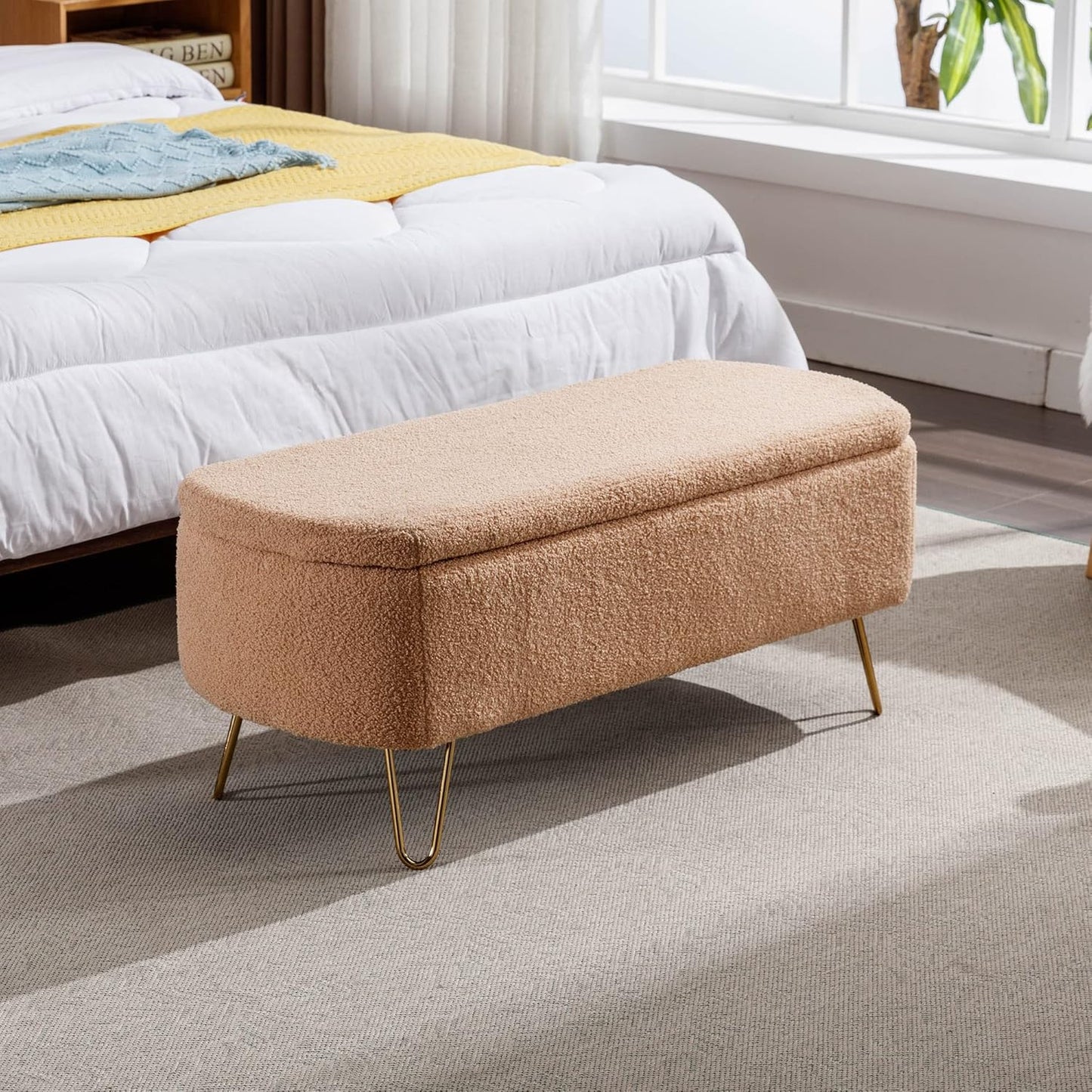 Storage Ottoman Bench with End of Bed Gold Legs,Modern Faux Fur Entryway Long Stool Upholstered Padded W/Safety Hinge,for Bedroom LivingRoom Window Side,Camel