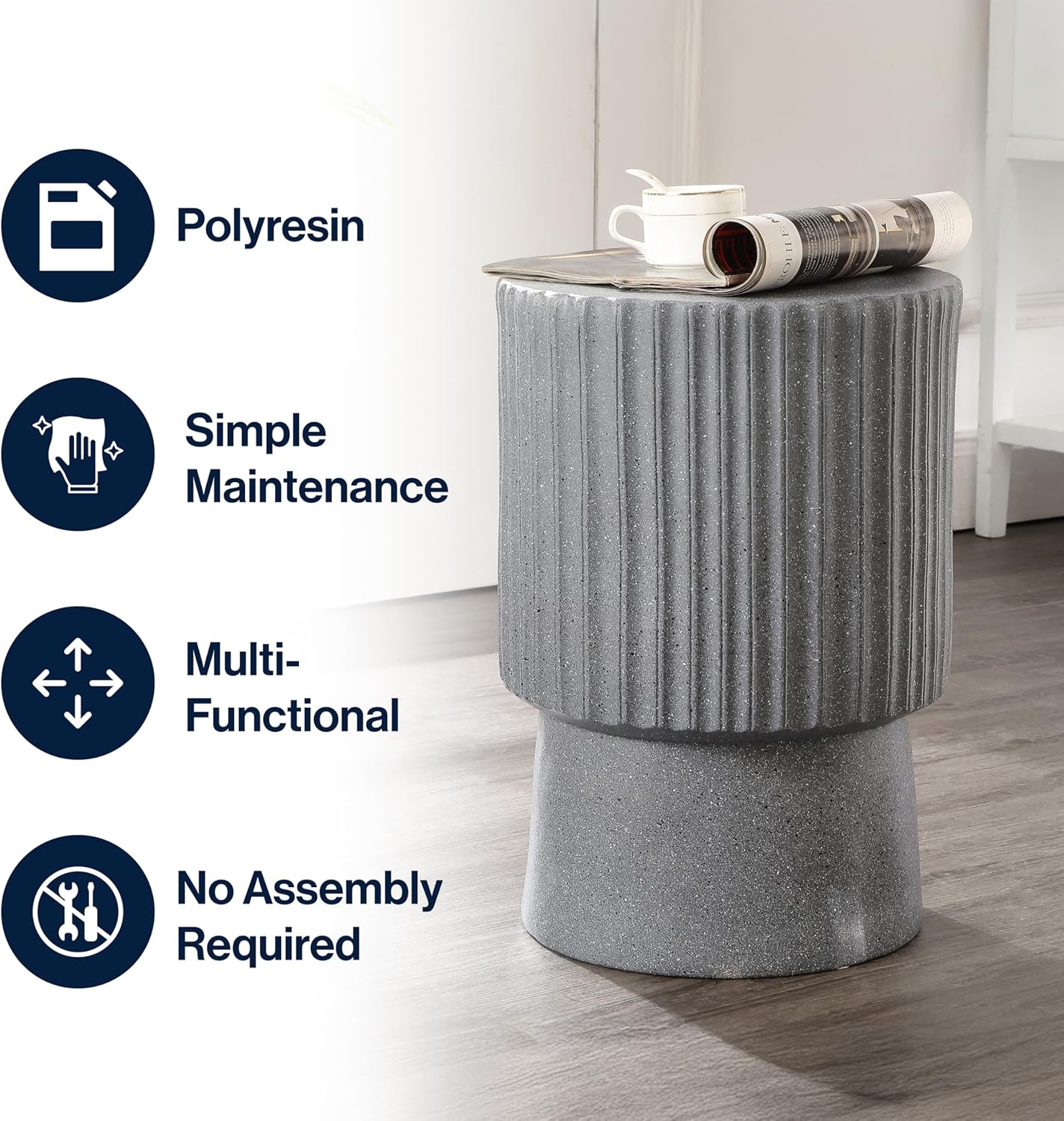 JONATHAN Y TBL1102A Louisa 19" Modern Art Deco Tambour Indoor/Outdoor Accent Table Minimalist, Contemporary, Bohemian, Mid-Century, Patio, Garden Room, Bathroom, Living Room, Gray Terrazzo Finish