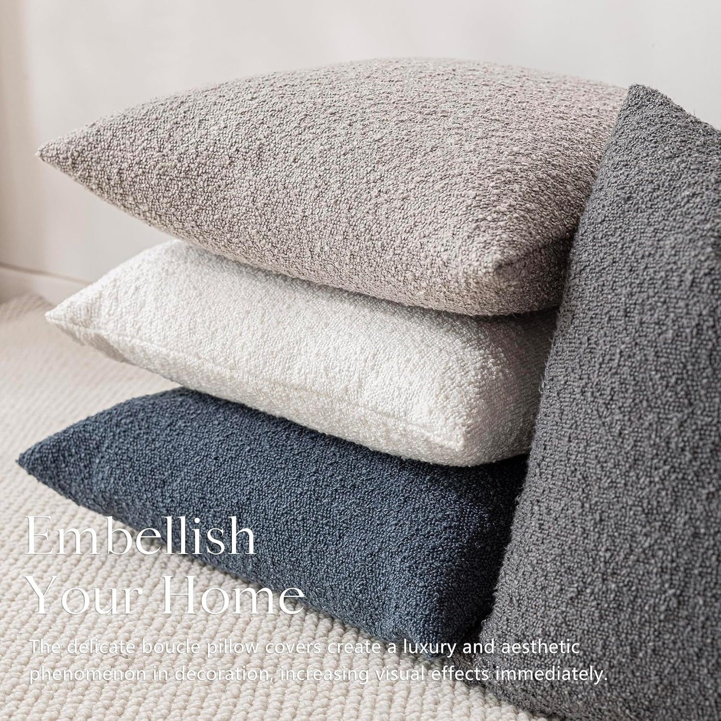 Foindtower Set of 2, Decorative Textured Boucle Throw Pillow Covers Accent Solid Pillow Cases Soft Cozy Couch Cushion Case for Chair Sofa Bedroom Living Room Home Decor 26 x 26 Inch Neutral Grey