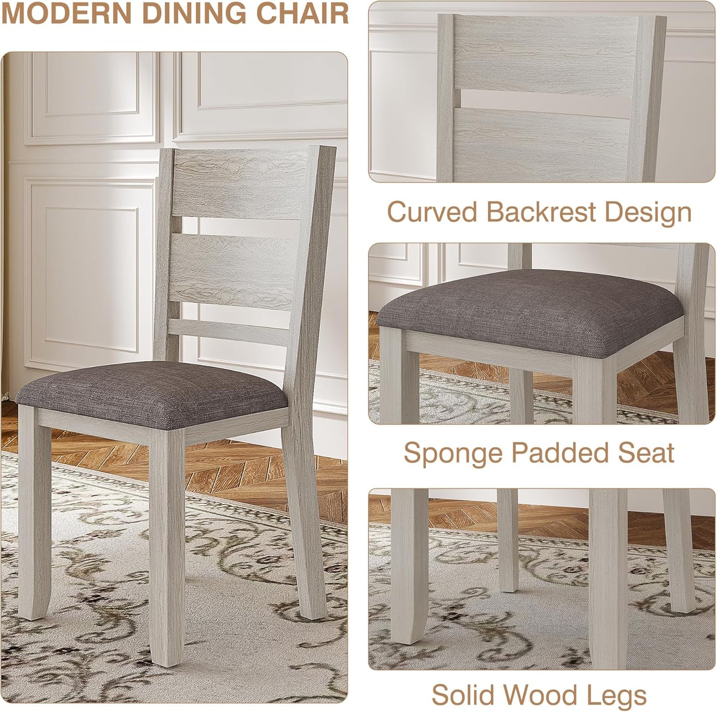 5-Piece Solid Wood Dining Table Set for 4, Round Kitchen Table Set with 4 Upholstered Chairs, Farmhouse Dining Sets for Kitchen, Dining Room, Rustic Grey