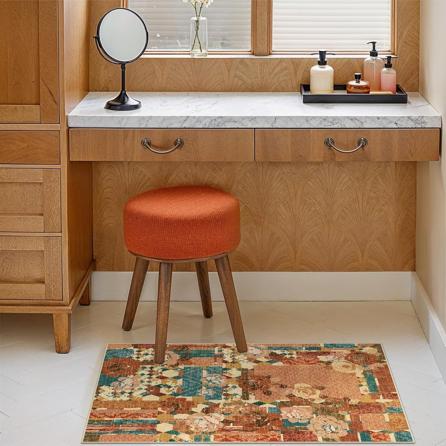 GENIMO Area Rug 2x3 Doormat, Machine Washable Low Pile Rugs, Small Floral Patchwork Retro Chenille Entryway Mat for Entrance, Hallway, Kitchen and Corridor, Rose Red