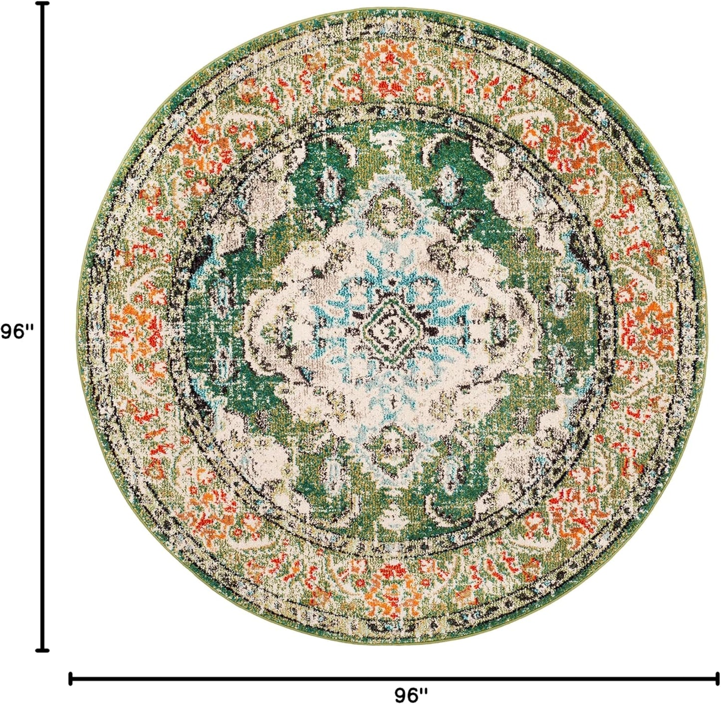 SAFAVIEH Monaco Collection Area Rug - 8' Round, Forest Green & Light Blue, Boho Medallion Distressed Design, Non-Shedding & Easy Care, Ideal for High Traffic Areas in Living Room, Bedroom (MNC243F)
