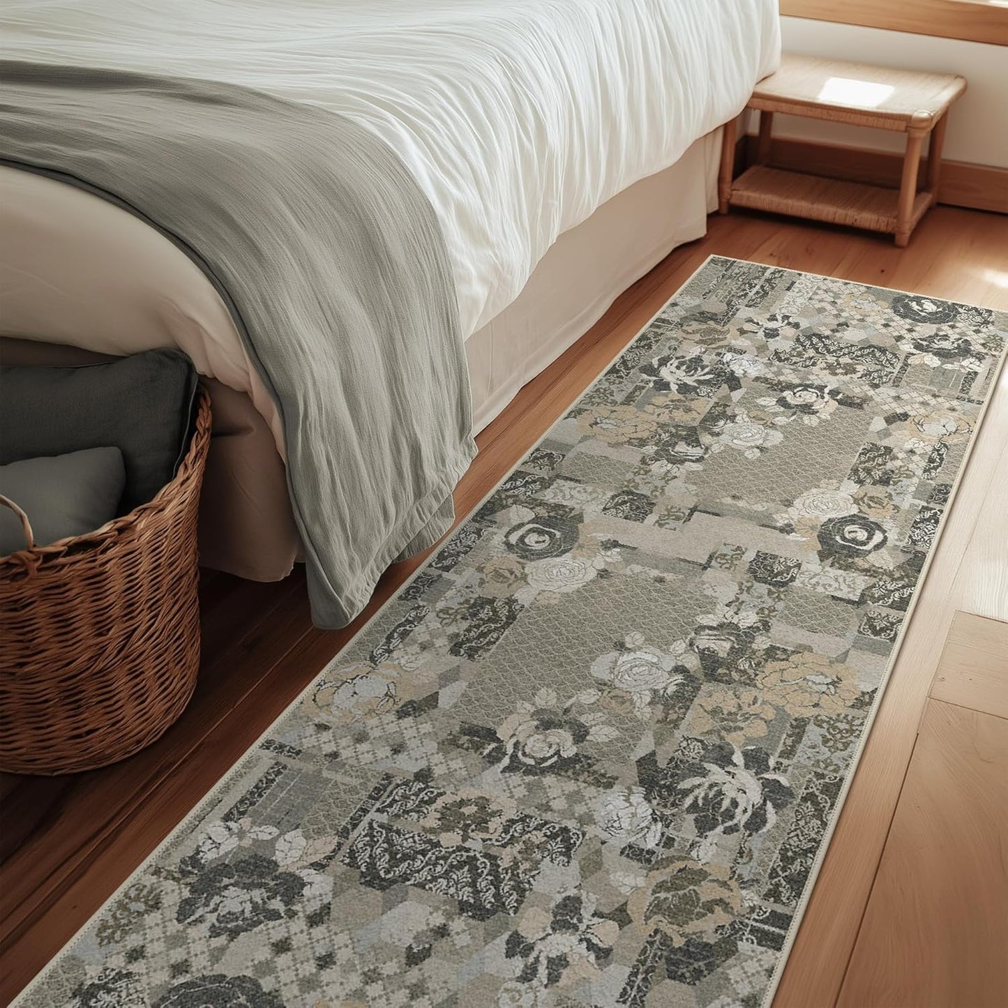 GENIMO Floral Runner Rug 2'6''x8, Machine Washable Non Slip Vintage Patchwork Hallway Runner, Ultra-Thin Low Pile Runners for Indoor Entryway, Hallway, Kitchen and Corridor, Taupe Gray
