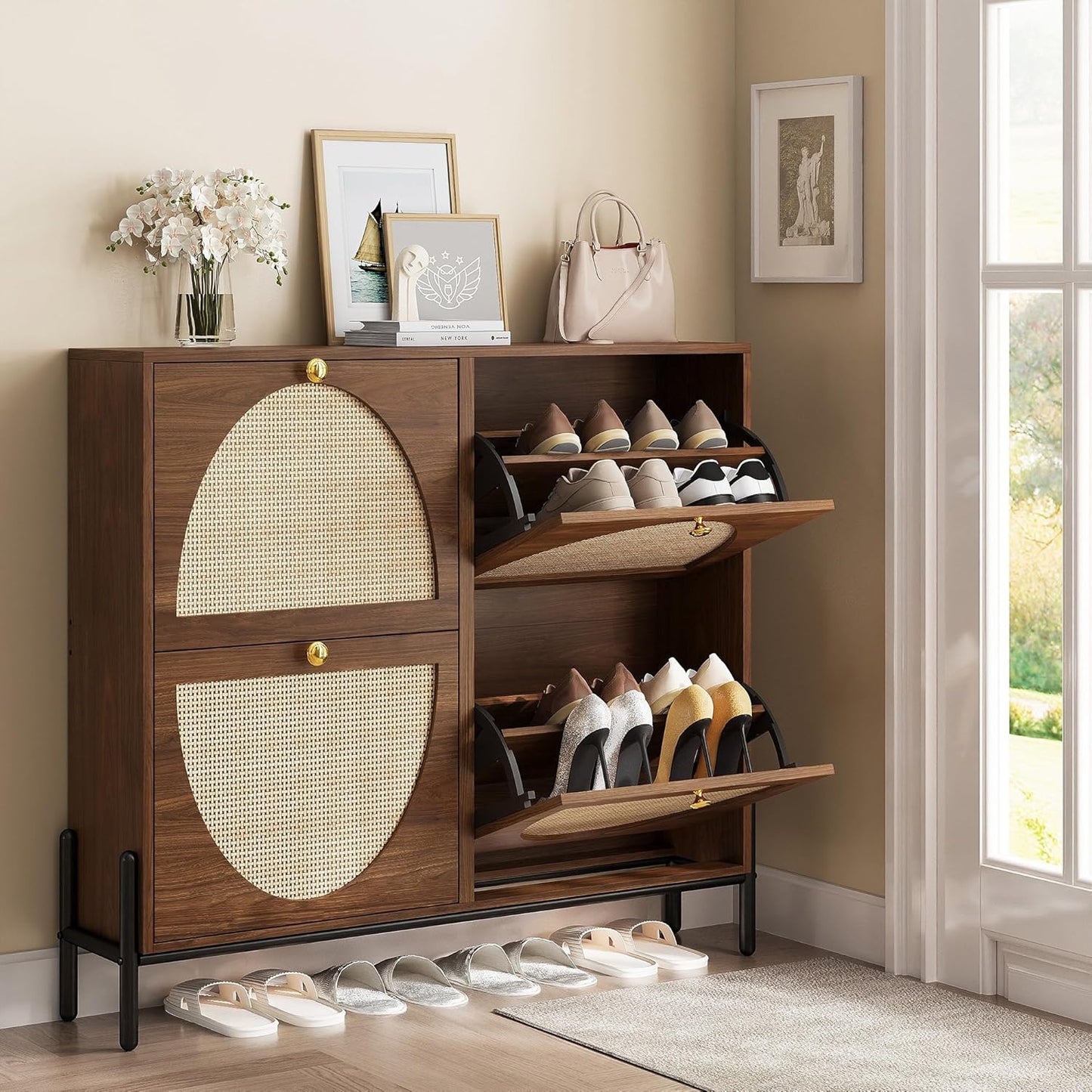 IRONCK Rattan Shoe Cabinet Storage with 4 Flip Drawers, Freestanding Shoe Storage Organizer Cabinet for Entryway, Narrow Shoe Rack Cabinet, Walnut