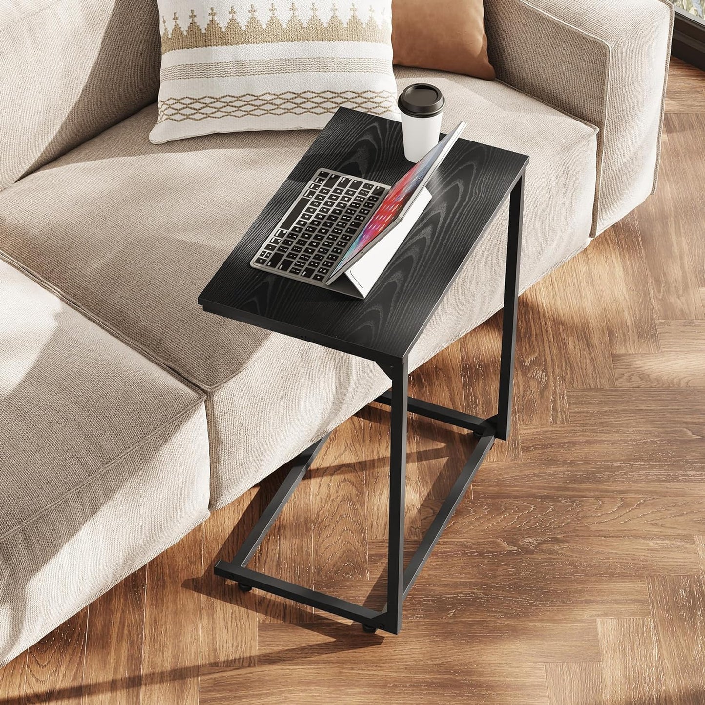 WLIVE Black C-Shaped End Table, Small Side Tables for Sofa, Wide Couch Table That Slide Under, Laptop Snack Table for Living Room, Bedroom, Home Office, Black