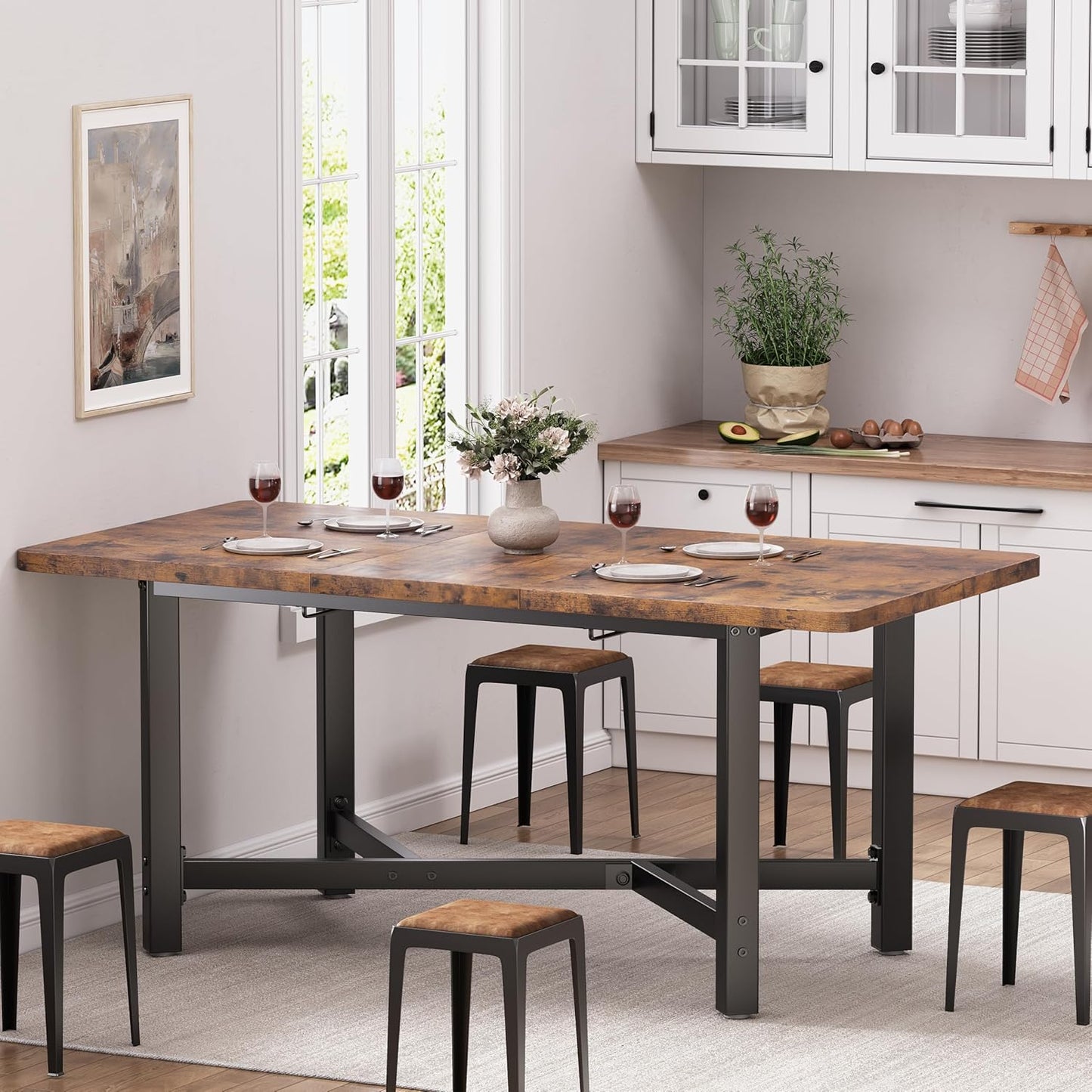 Dining Table for 4-6, 62“Extendable Kitchen Dining Room Table, Space Saving Rectangle Large Expandable Wood Dinner Furniture for Small Space, Brwon