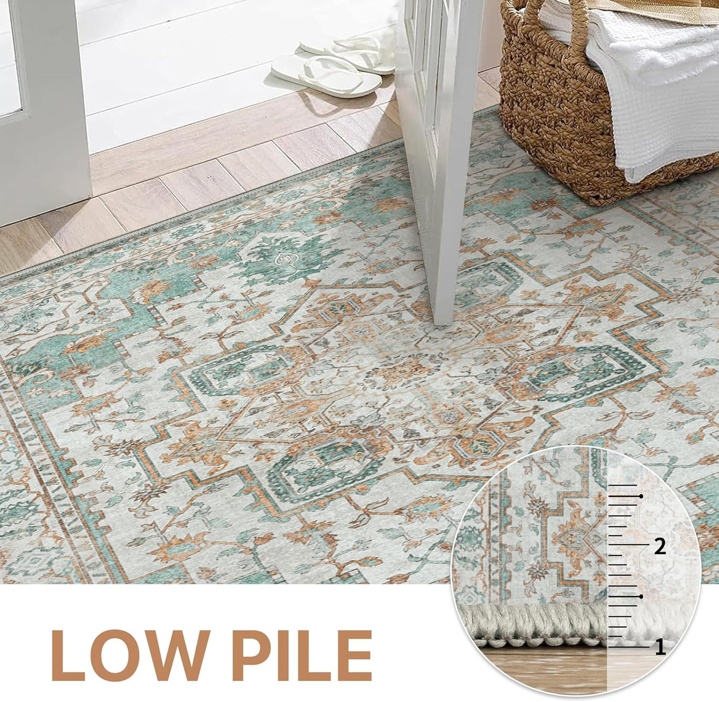 GENIMO 2x10 Runner Rugs for Hallway, Machine Washable Non Slip Vintage Rugs, Low Pile Lightweight Soft Print Rug for enrtyway, Corridor, Home Office, Kitchen, Cyan