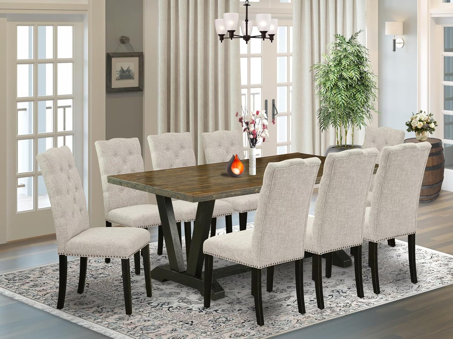 East West Furniture V677EL635-9 9 Piece Kitchen Table Set Includes a Rectangle Dining Table with V-Legs and 8 Doeskin Linen Fabric Parson Dining Room Chairs, 40x72 Inch, Multi-Color