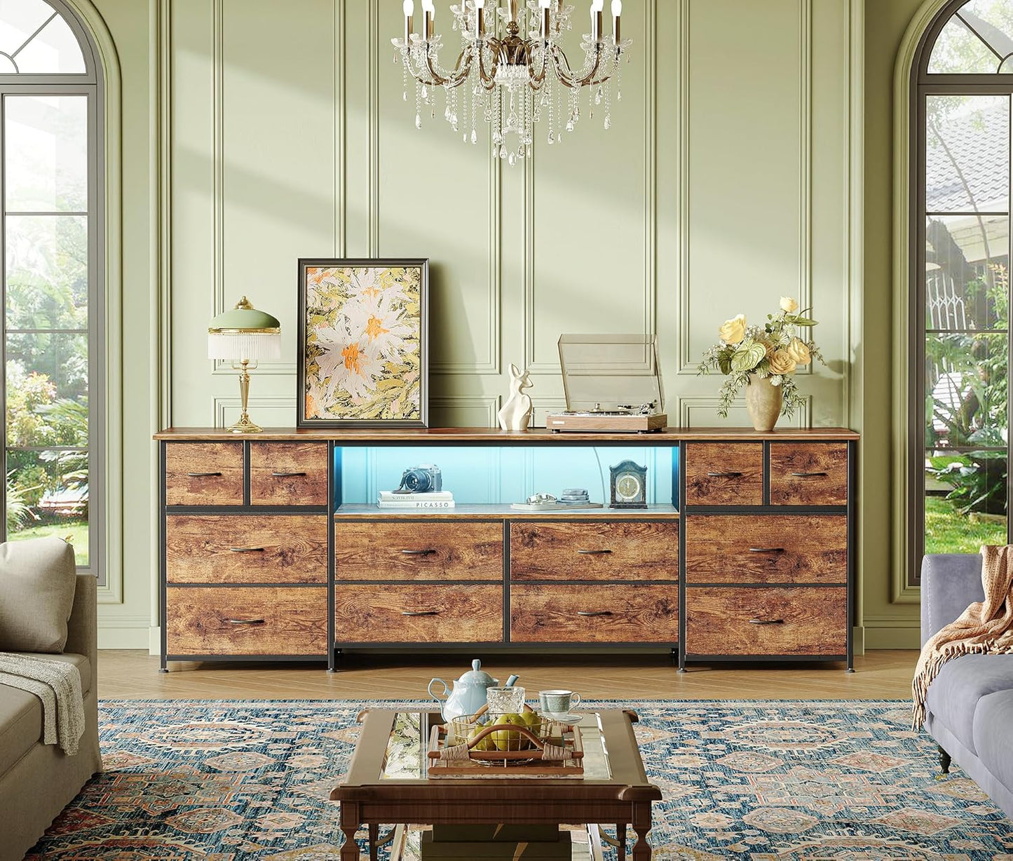 Huuger 70.9 Inch Dresser TV Stand with LED Lights, Power Outlets and USB-C Port, 12 Fabric Drawer Dresser for Bedroom, Wide Entertainment Center for 75, 80 Inch TV, Open Shelf, Rustic Brown