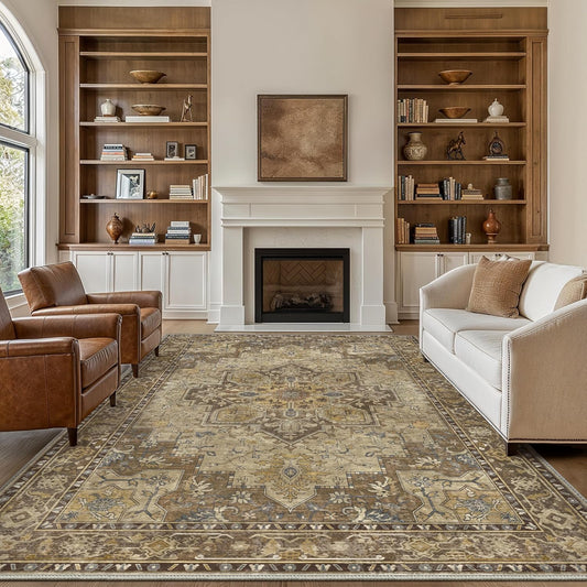 GENIMO 10x14 Area Rugs for Living Room, Machine Washable Non Slip Vintage Rugs, Low Pile Lightweight Chenille Print Rug for Bedroom, Dining Room, Home Office, Rustic Brown