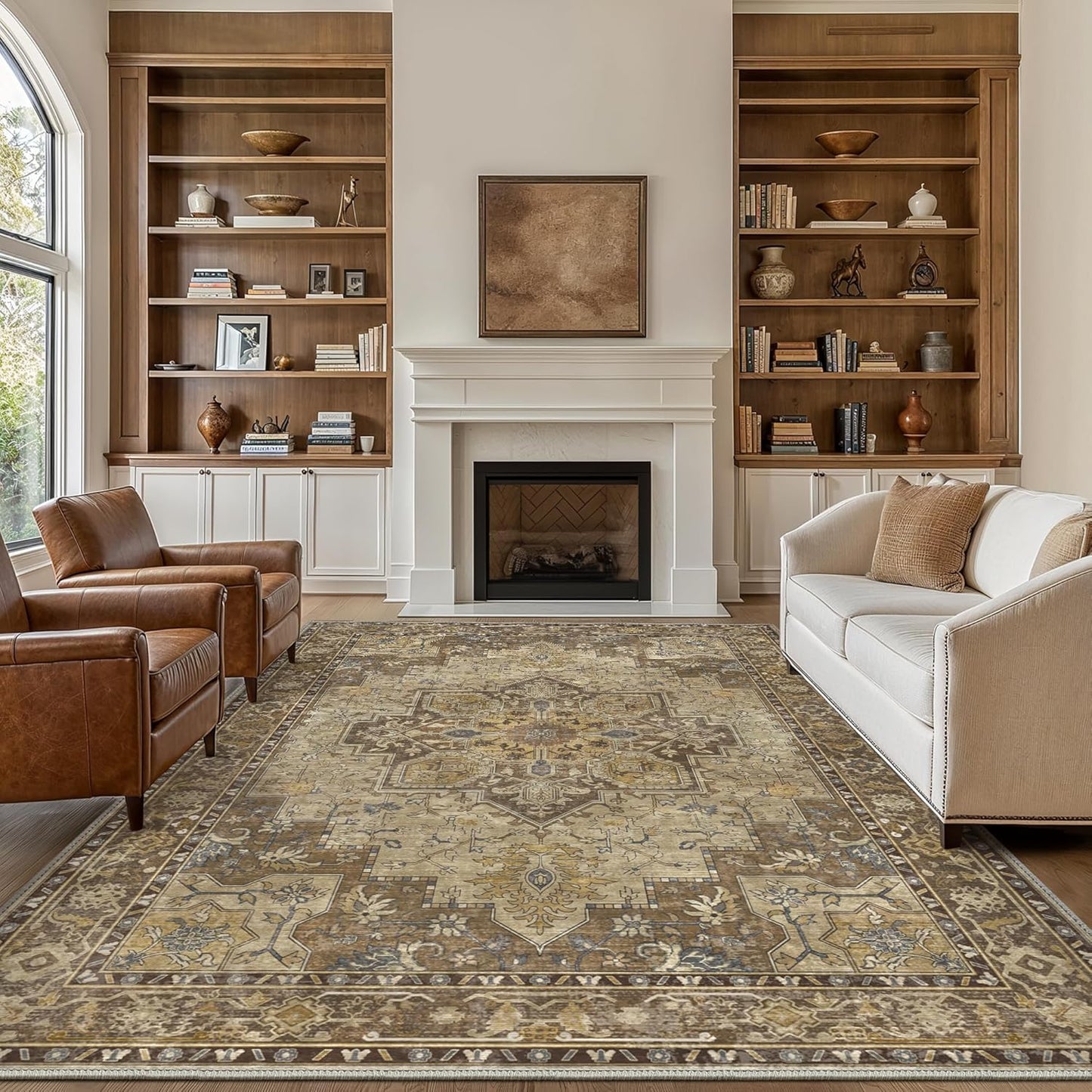 GENIMO 8x10 Area Rugs for Living Room, Machine Washable Non Slip Vintage Rugs, Low Pile Lightweight Chenille Print Rug for Bedroom, Dining Room, Home Office, Rustic Brown