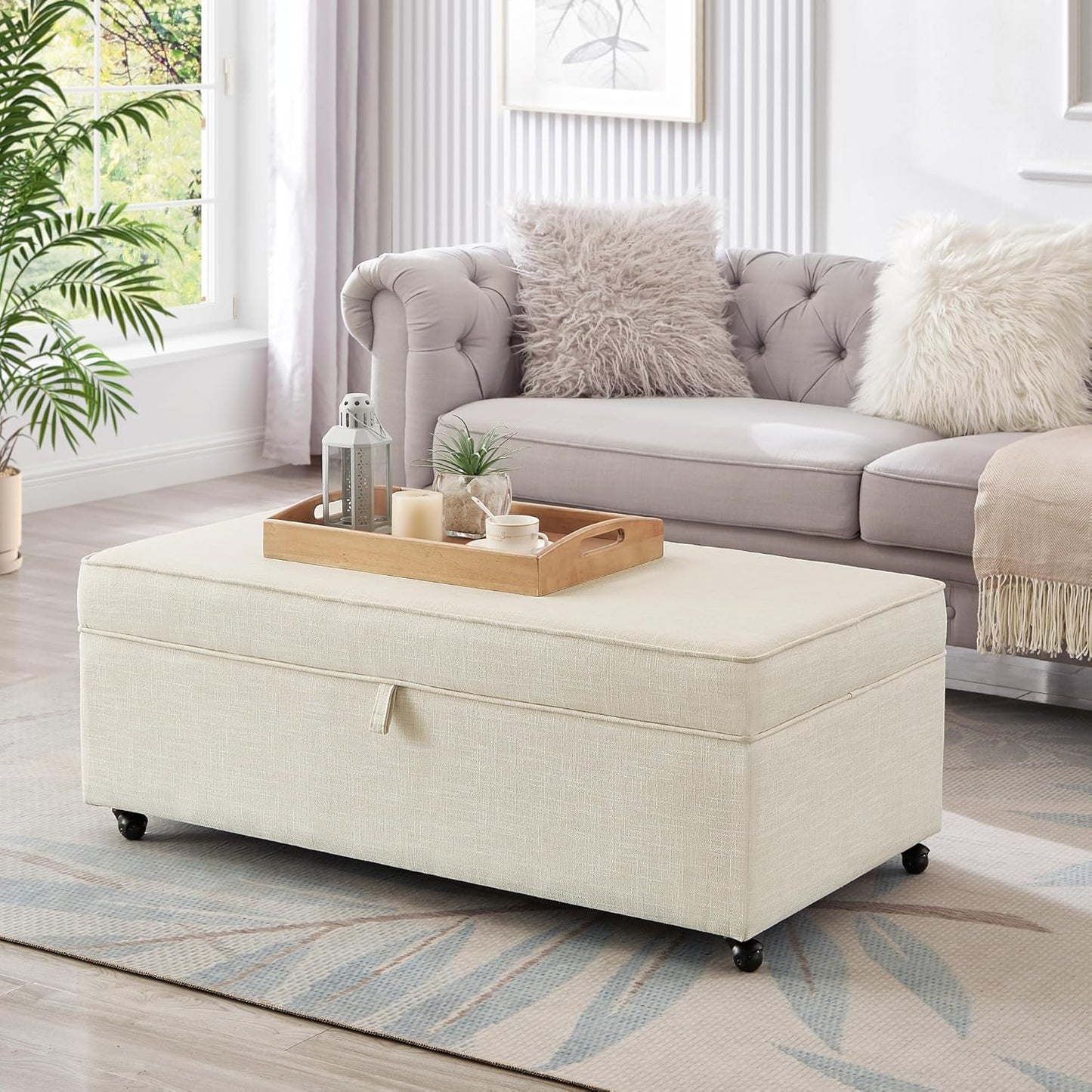 Ball & Cast 45" Sofa Ottoman with Storage, Linen Upholstered Bench with Rotation Casters and Safety Hinge for Living Room, Multi-Function Coffee Table,Ivory