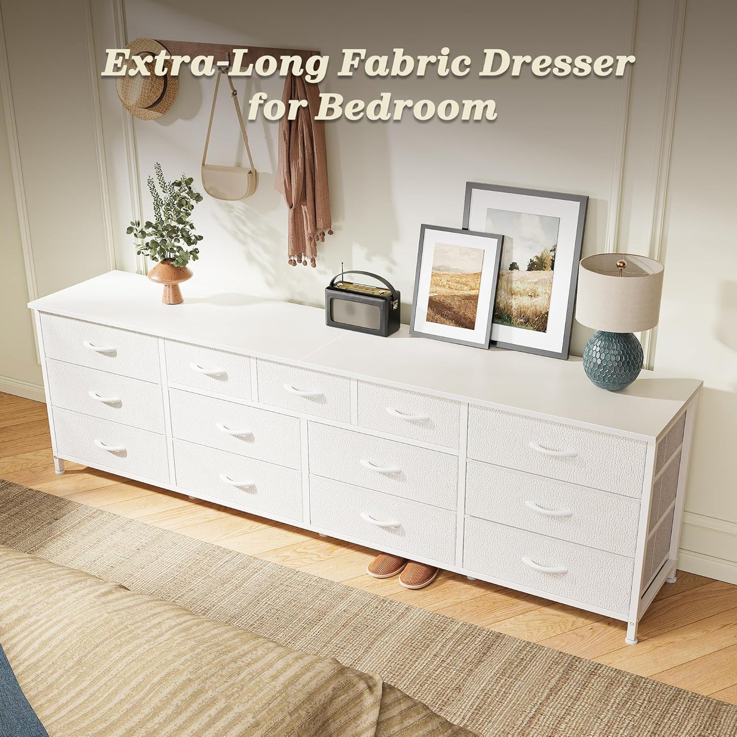 Huuger 70 Inch White Dresser for Bedroom, TV Stand for 65, 75, 80 Inch TV, 13 Fabric Drawer Long Dresser, Wide Chest of Drawer, Storage Units for Bedroom