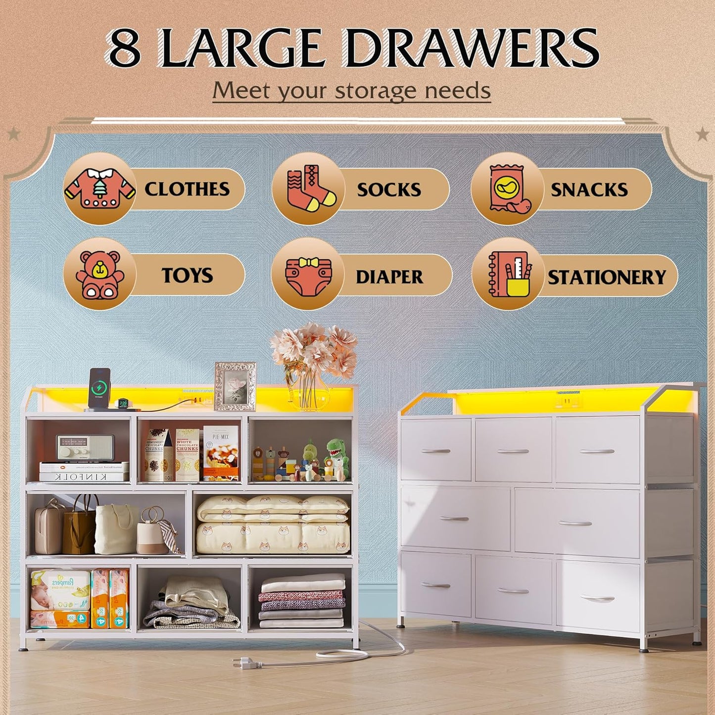 WLIVE Led Dresser for Bedroom, White Dresser TV Stand for Bedroom with LED Lights and Power Outlet, Wide Chest of Drawers for Hallway, 8 Fabric Drawers for Living Room and Entryway, Easy to Assemble