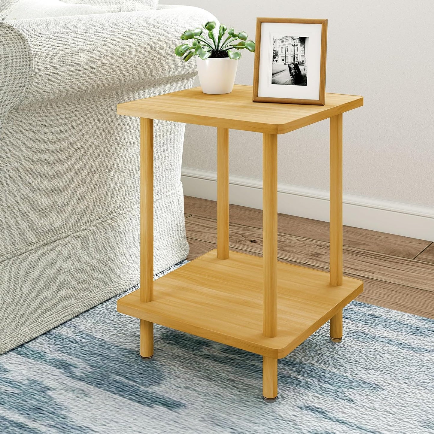 2-Tier End Table,Multi-Layer Side Cabinet with 4 Solid Wood Sturdy Legs for Living Room and Bed Room, Minimalist Modern (15.8"*15.8"*21")