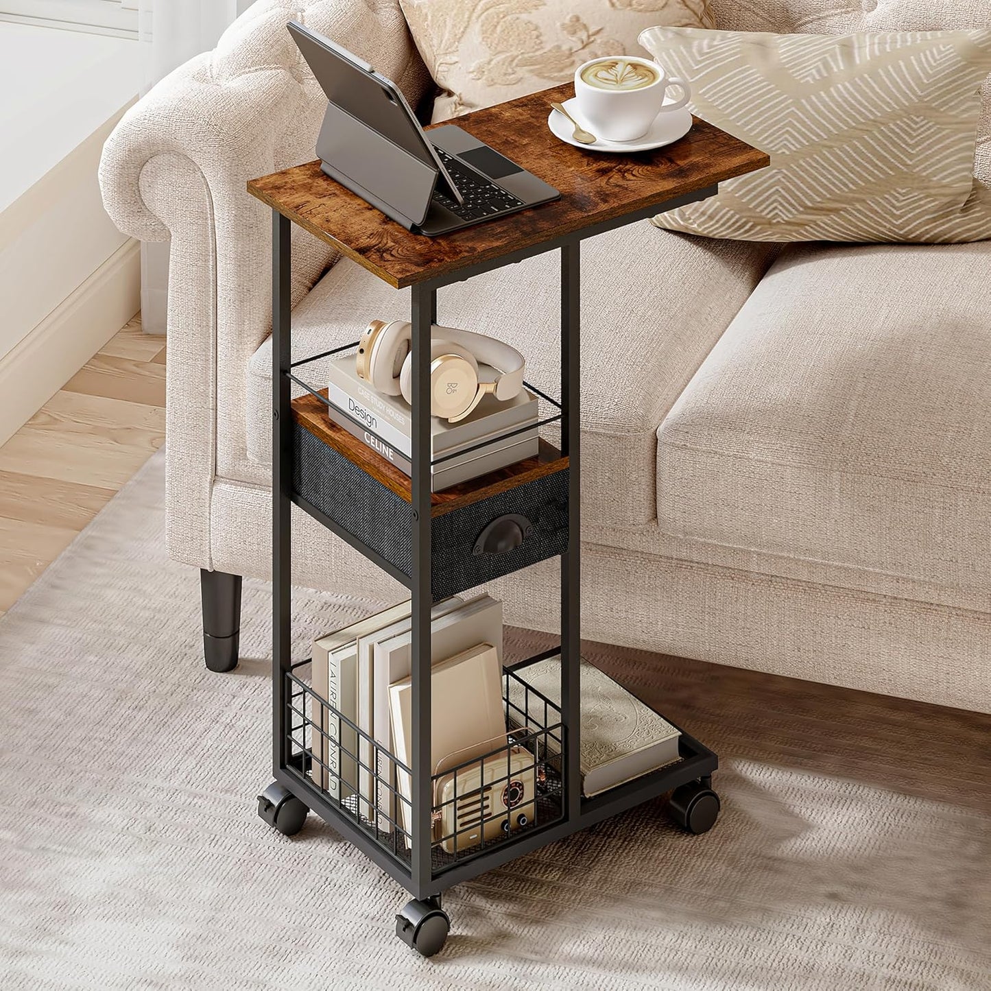 C Shaped Sofa Side Table: Couch End Table with Drawer - Bedside Table with Wheels - 19.7''L x 11.8''W x 28''H - C Mobile Tables with Storage Basket for Living Room Bedroom