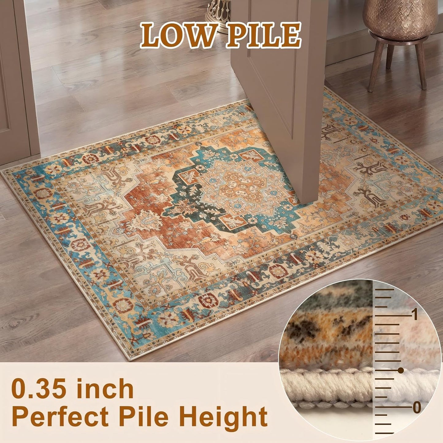 2x6 Washable Runner Rug for Hallways, Non Slip Vintage Rug, Soft Low Pile Long Print Distressed Carpet Runners for Kitchen Bedroom Entryway Bathroom Living Room Rusty Orange