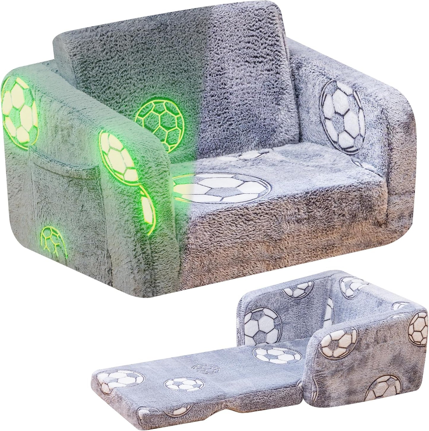 Lamerge 2-in-1 Soft Toddler Couch Fold Out,Foldable Toddler Chair, Glow in The Dark Kids Sofa for playroom,Convertible Foam and Floor Cushion for Boys and Girls (Grey and Football)
