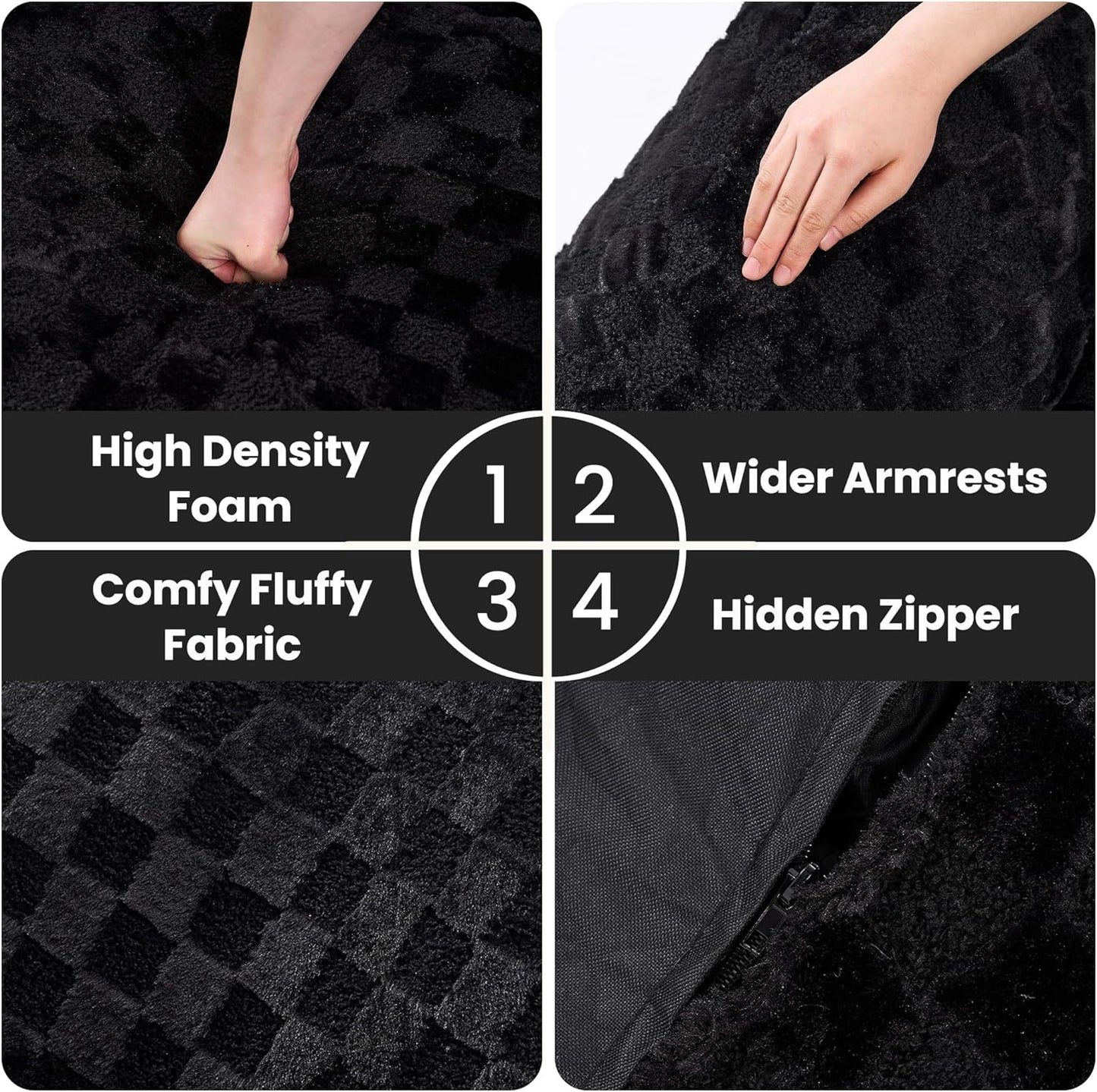 Bean Bag Chairs for Adults, Giant Beanbag Sofa Comfy Reading Chair, Oversized Bean Bag Chairs for Living Room Bedroom, Soft Faux Fur Fabric, 3.2FT, Black, Checkered