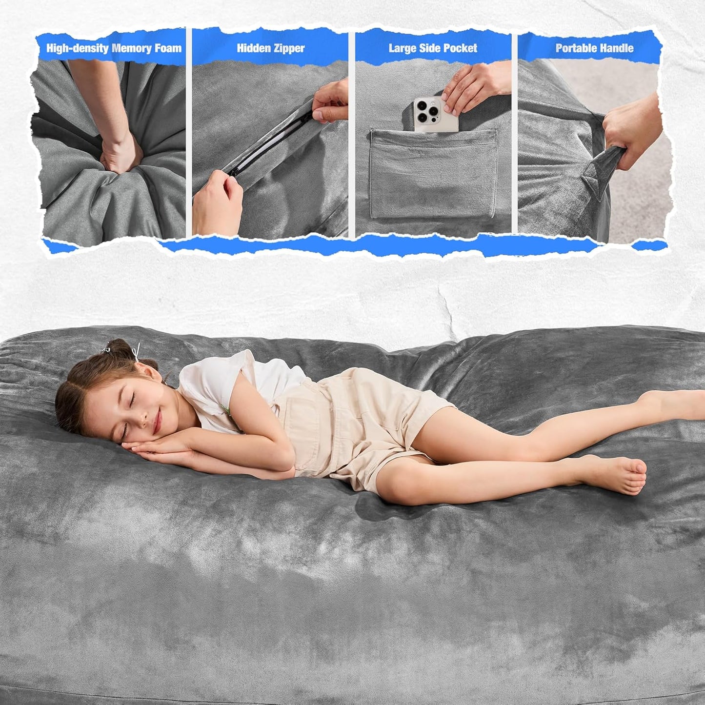 Hobestluk 4FT Bean Bag Chair Large Beanbag with Removable Cover Adult Bean Bag Chair with Portable Handle Desgin for Living Room Bedroom (Grey, 4FT)