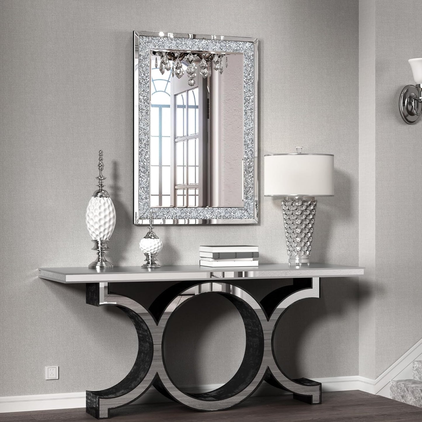 Crystal Crush Diamond Mirror-40 x28 Silver Mirror, Gorgeous Wall Mirror, Rectangle Mirrors for Wall Bathroom, Bedroom, Dining Room and Living Room