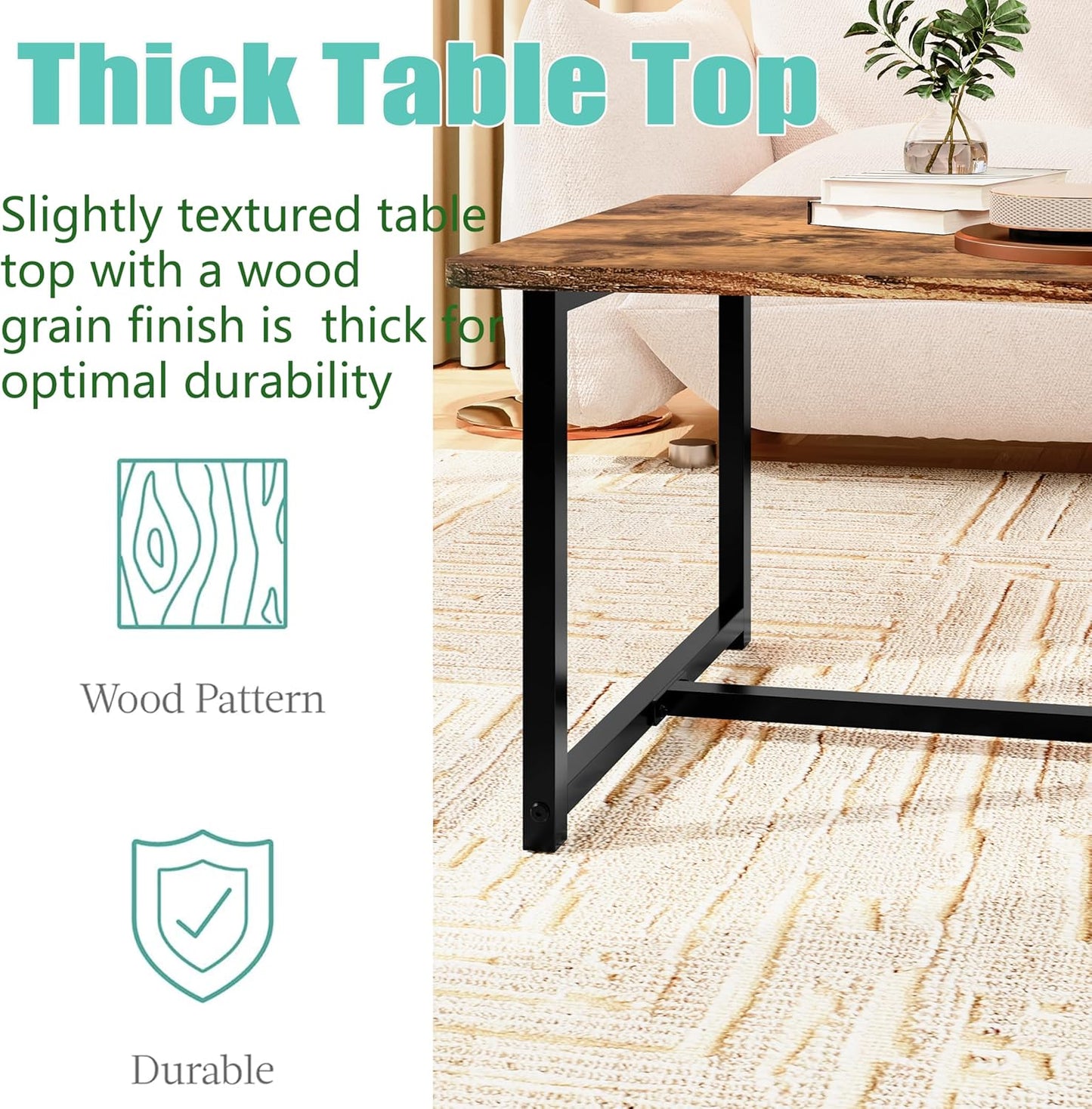 Coffee Table Living Room, Modern Center Table Rectangular, Industrial Furniture, Sofa End Tables/Tea Table/Table Basse De Salon with Metal Black Frame Rustic Brown