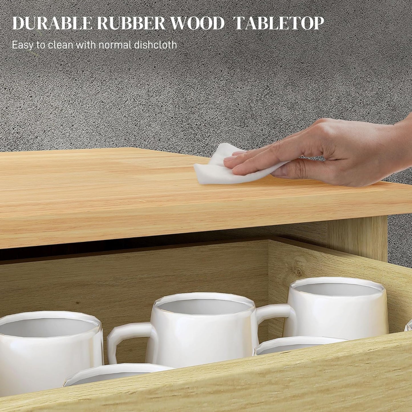 HOMCOM Sideboard with Solid Wood Countertop, Modern Kitchen Storage Cabinet, Coffee Bar Cabinet with 2 Drawers, Doors and Adjustable Shelf, Natural Rattan