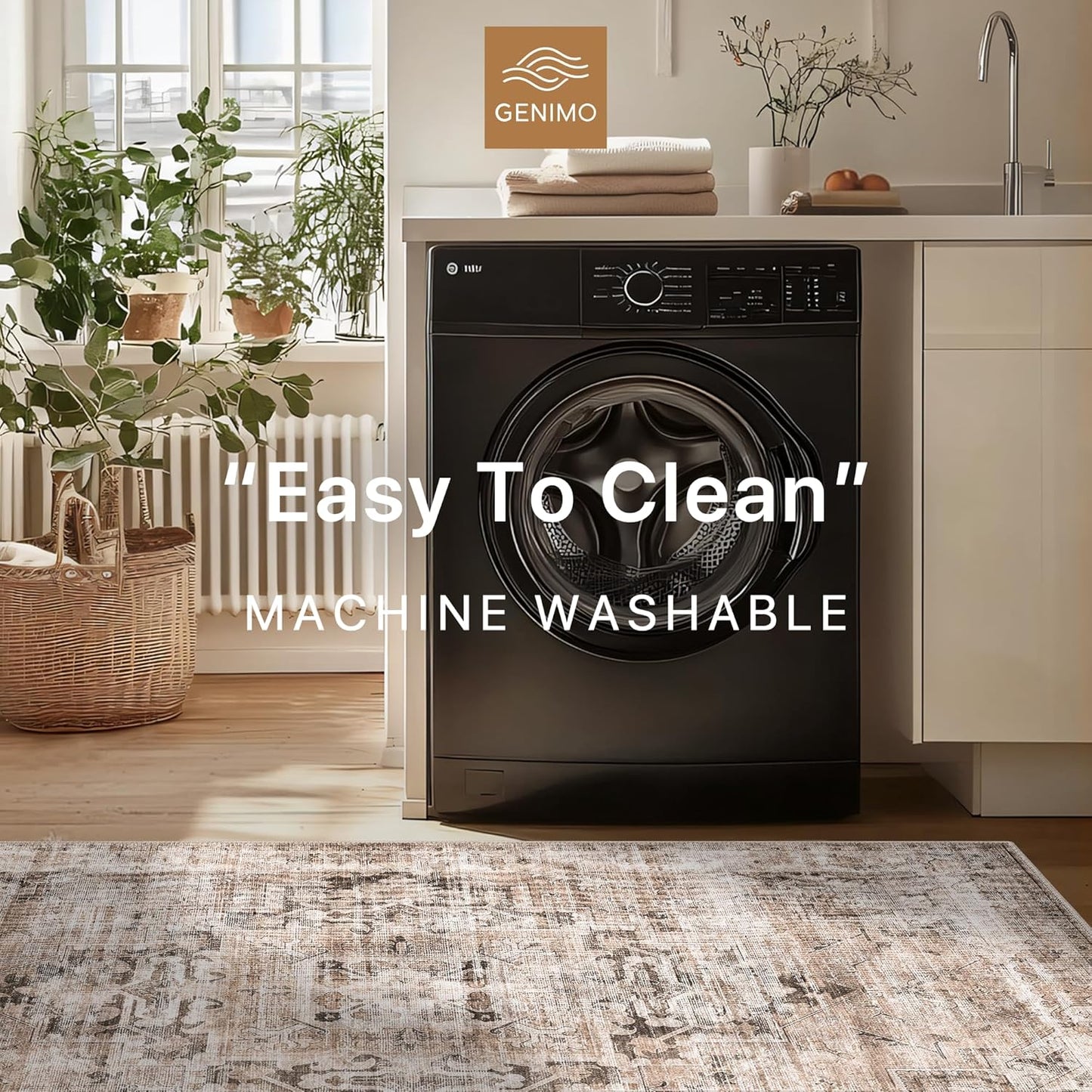 GENIMO 10x14 Area Rugs for Living Room, Machine Washable Non Slip Vintage Retro Rugs, Low Pile Lightweight Thin Print Rug for Bedroom, Dining Room, Home Office, Brownishi Drab