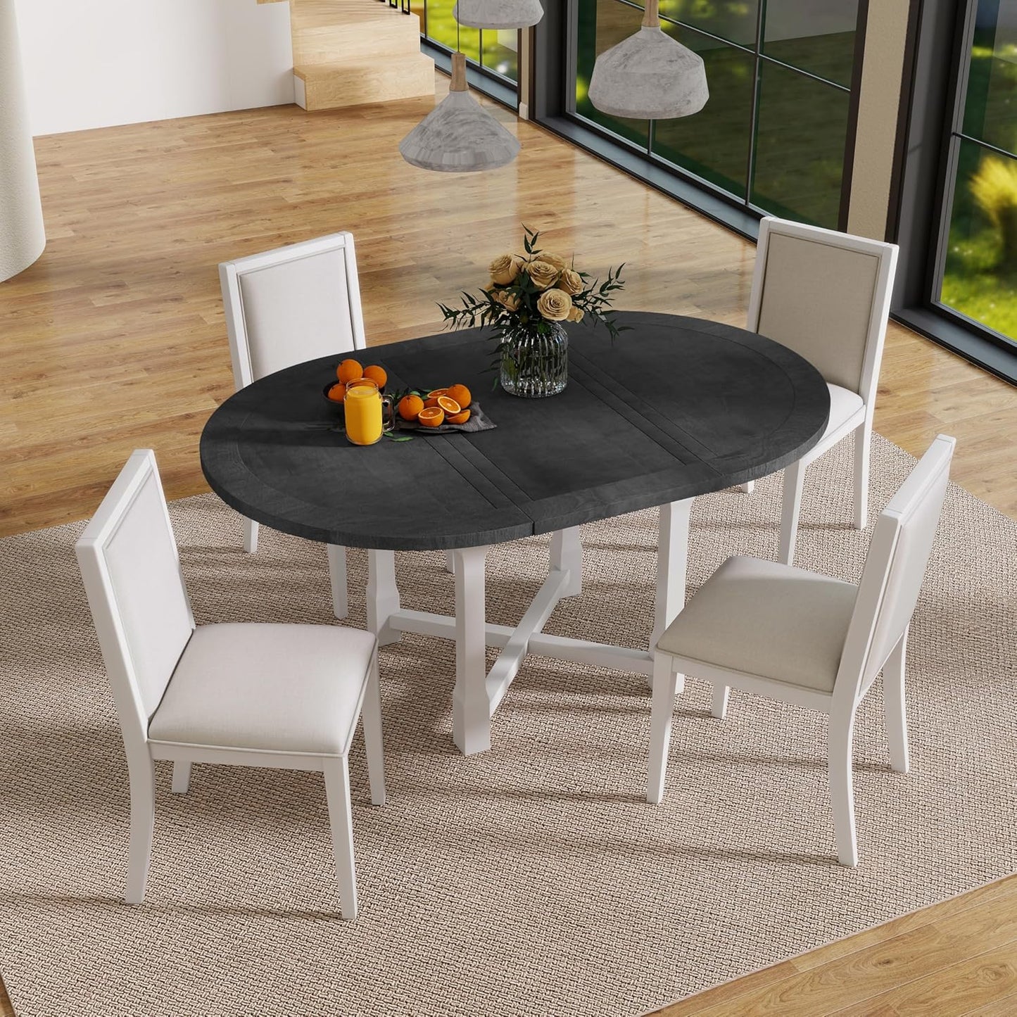 Ball & Cast 5 Pieces Dining Table Set with 4 Upholstered Chairs,Farmhouse Wooden Living Room Furniture for 4 W/ 57.7" Extendable Dining Table,for Dining Room,Bistro,Apartment,Grey+White