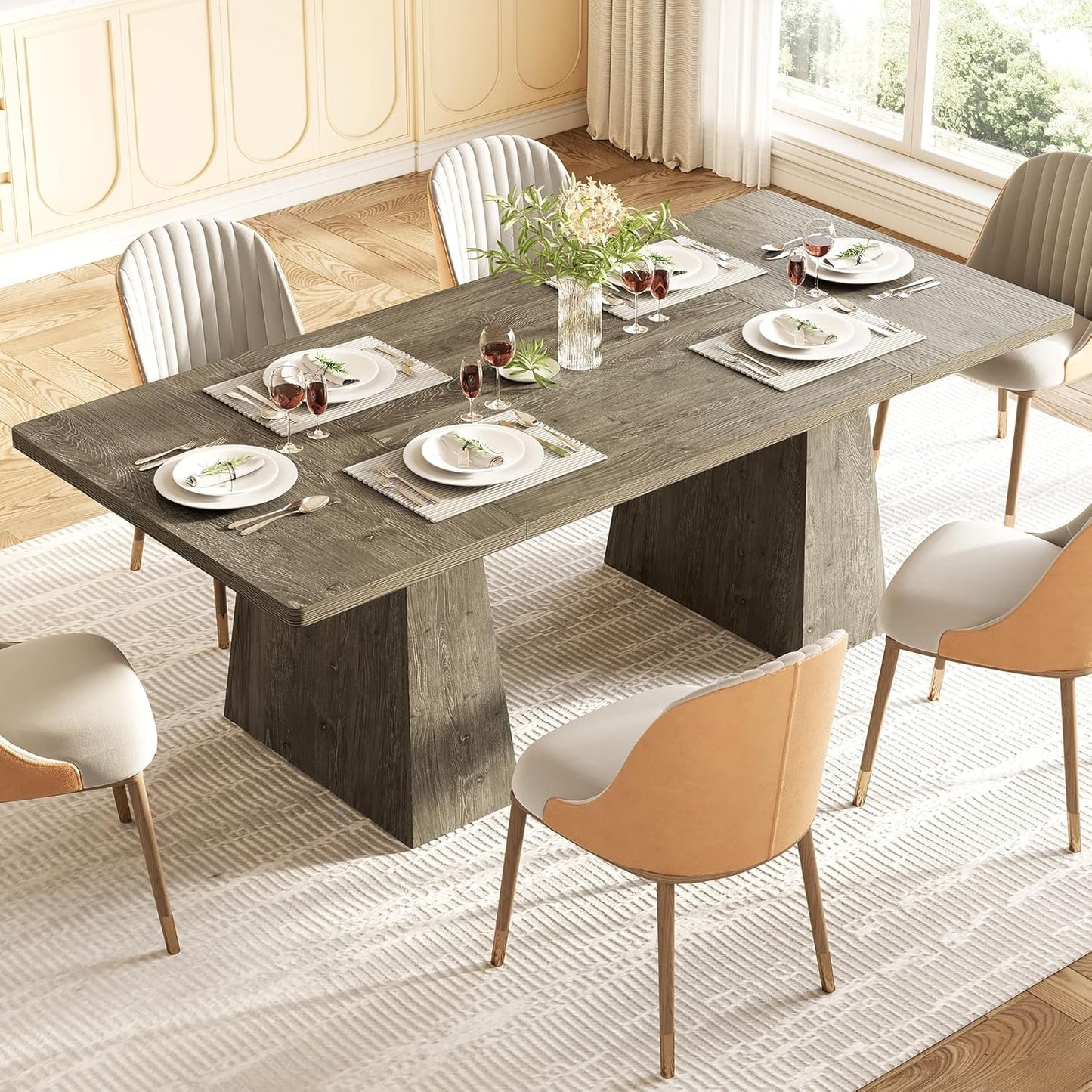 LITTLE TREE Dining Table for 6 People, Wooden Table, Rectangle Furniture with Heavy Duty Legs, Modern Kitchen Table for Home, Dining Room, Grey