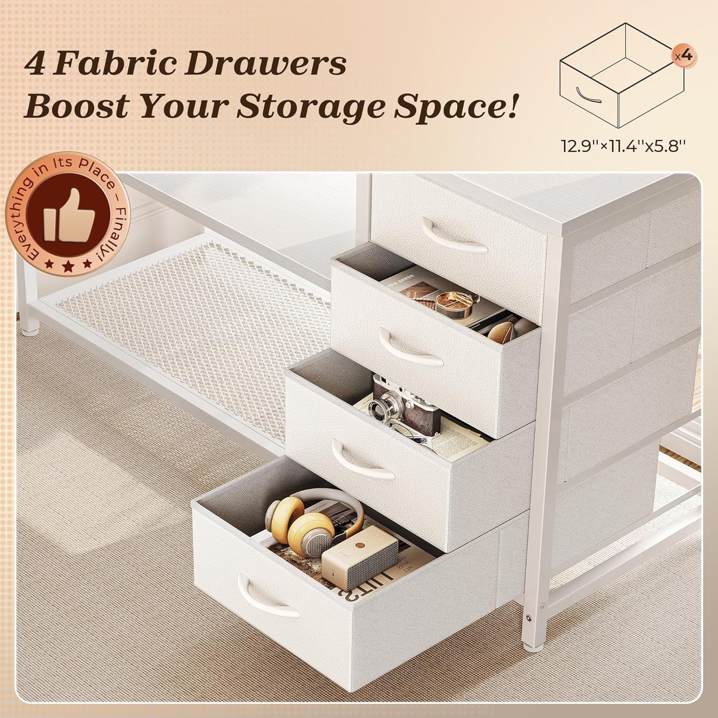 PRAISUN 53" L Shaped Desk with Power Outlets and USB-C Port, Reversible Computer Corner Office Desk with 4 Fabric Drawers and 2 Height-Adjustable Shelves, Large for Gaming Writing Work Study, White