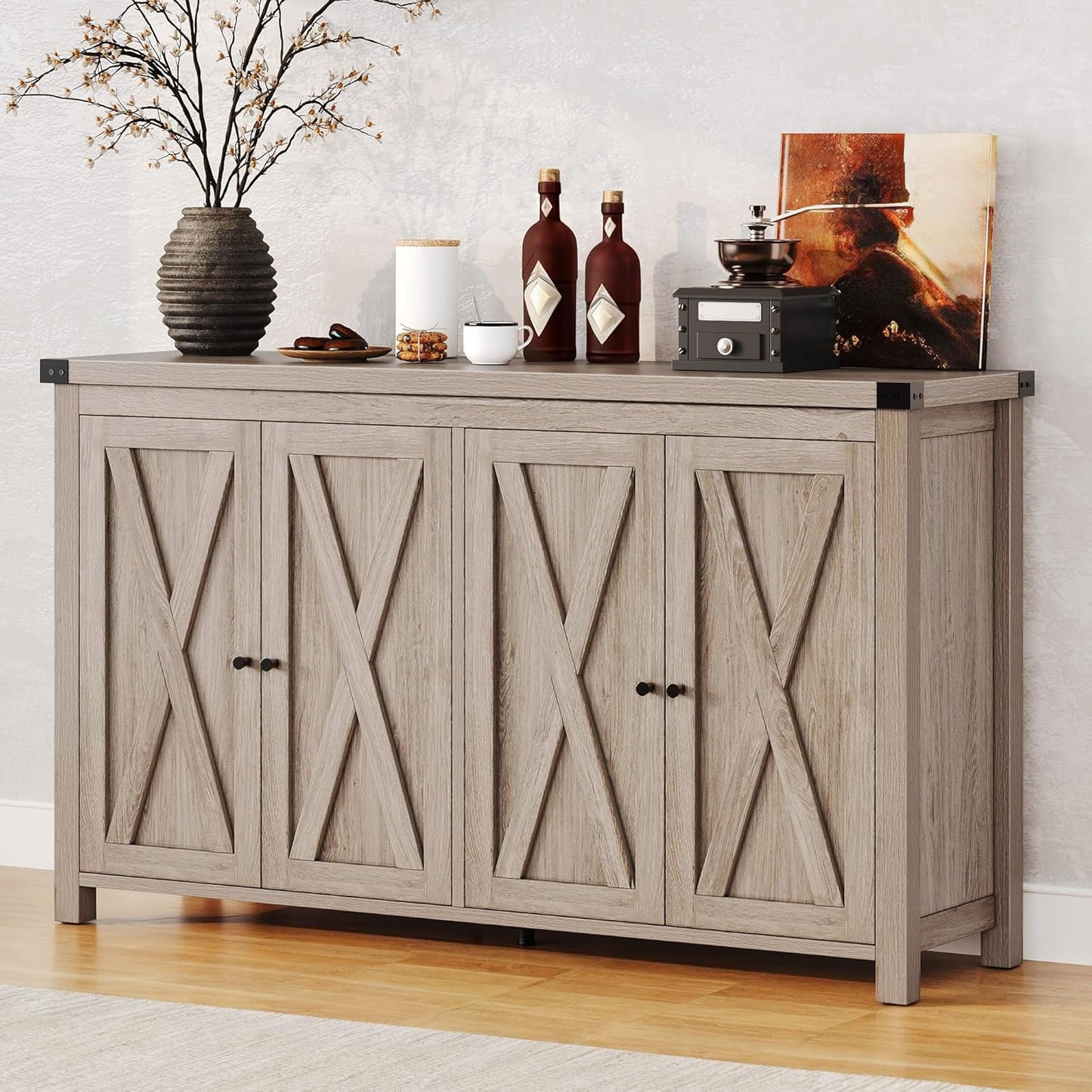 DWVO 55'' Sideboard Buffet Cabinet with Storage, Farmhouse Kitchen Storage Cabinet with Doors, Large Coffee Bar Cabinets with Adjustable Shelves for Kitchen, Living Room, Grey
