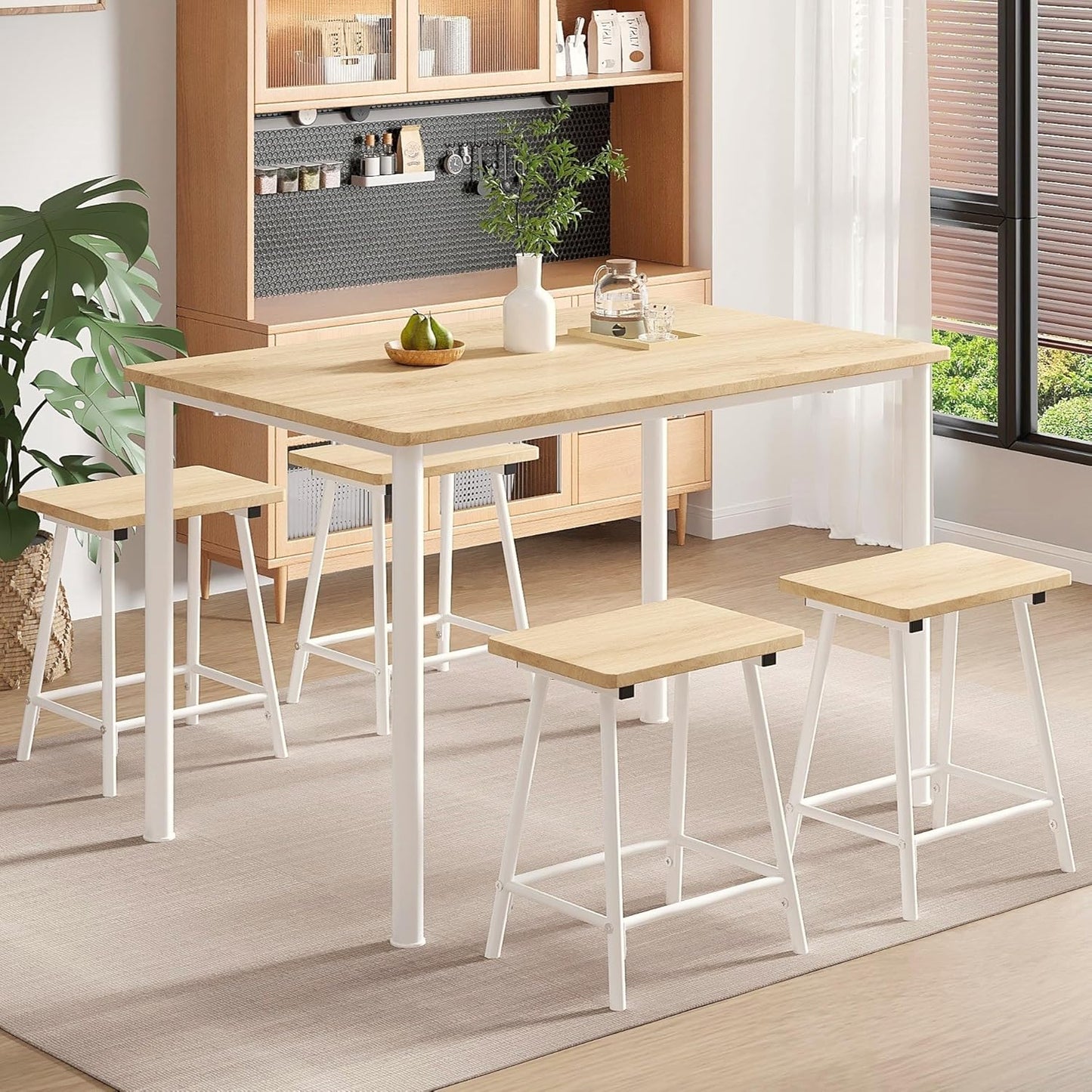 VECELO Kitchen Table and Chairs for 4, Dining Room Set with Chairs/Stools, Heavy-Duty Metal Frame with Wooden Tabletop for Small Spaces, Easy Assembly, Natural Oak