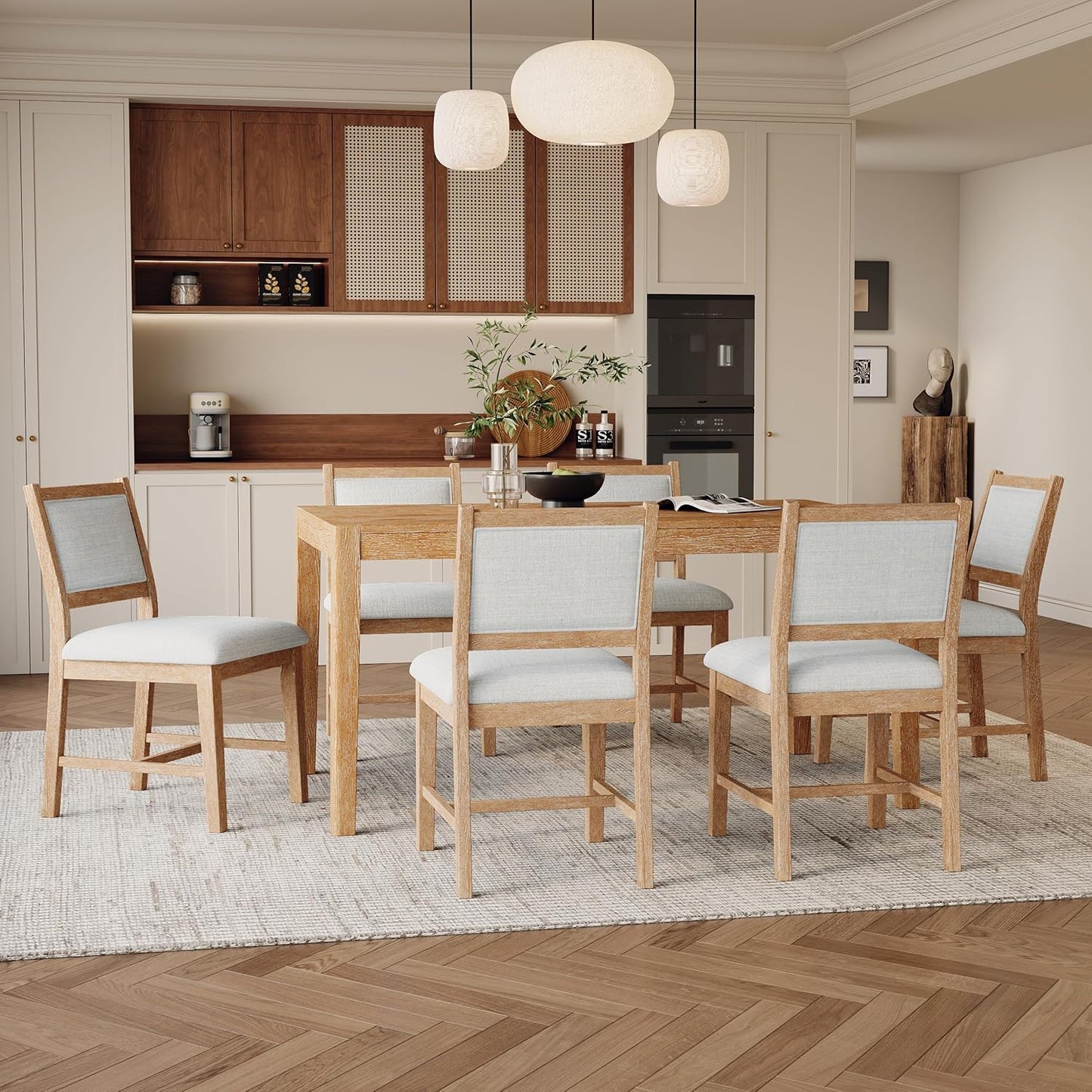 Merax 7 Pieces Retro Dining Set for 6, Rectangular Wood Dining Table with 6 Upholstered Chairs for Kitchen, Living Room, Natural