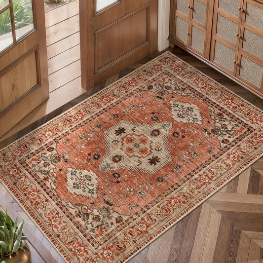 Boho Small Area Rug, 2x3 Washable Rug for Entryway, Vintage Throw Rug Oriental Non Slip Indoor Front Door, Distressed Terracotta Door Mat Carpet, Soft Low Pile Rugs for Entrance Kitchen Bedroom
