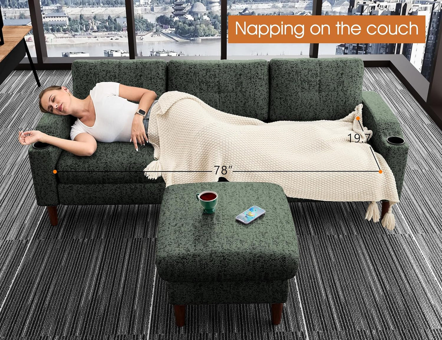 Ball & Cast Modular L Shaped Sectional Sofa with Movable Storage Ottoman,3 Seater Comfy Cloud Couch W/Cupholders and USB Ports,Linen Fabric Sofa for Living Room,Apartment,Small Space,Green,78"