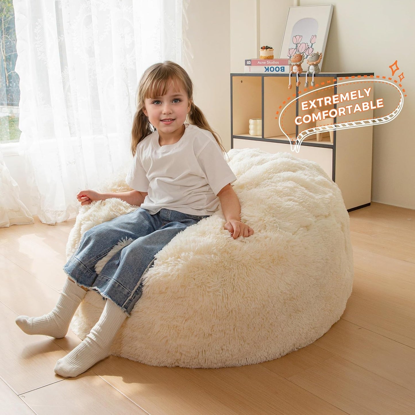 MAXYOYO Kids Bean Bag Chair, Stuffed Faux Fur Bean Bag for Toddler, Ultra Soft Floor Sofa with High-Density Foam Filling, Lazy Chair for Living Room, Playroom, Nursery Room