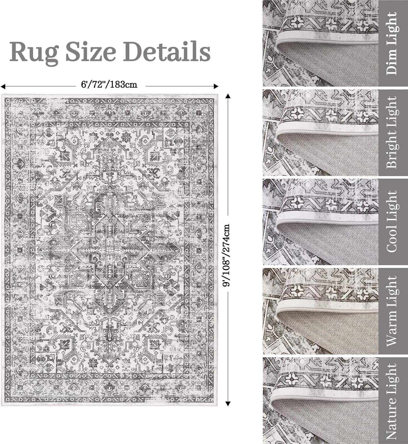 zesthome 6x9 Area Rug, Super Soft Washable Rugs for Living Room, Non-Slip Stain Resistant Vintage Rugs, Ultra-Thin Large Area Rugs (Grey/White,6'x9')