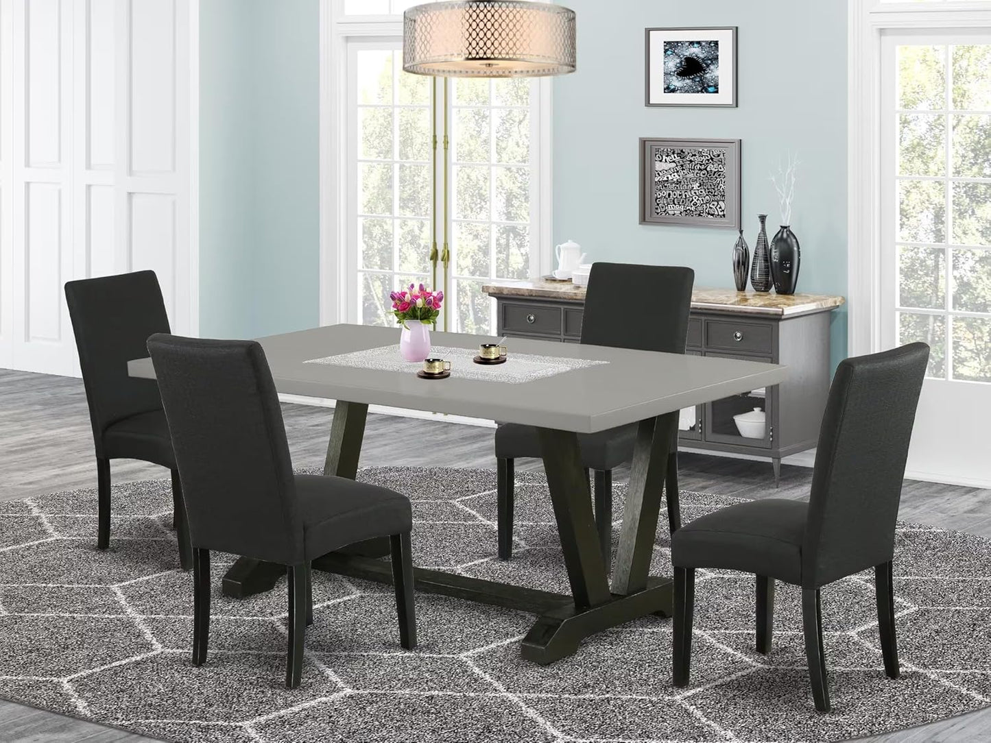East West Furniture V697DR124-5 5 Piece Dining Room Table Set Includes a Rectangle Dining Table with V-Legs and 4 Black Color Linen Fabric Upholstered Chairs, 40x72 Inch, Multi-Color