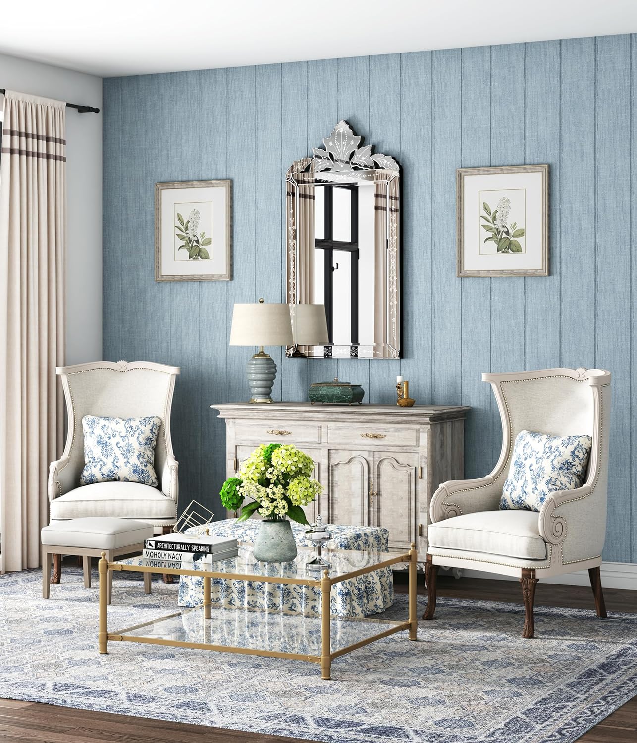 KOHROS Bathroom Vanity Decorative Mirrors for Wall Decor 42" x 24" Venetian Wall Mirror with Floral Etched Design Crown Top Frameless Wall Mirror for Bedroom Bathroom Vanity