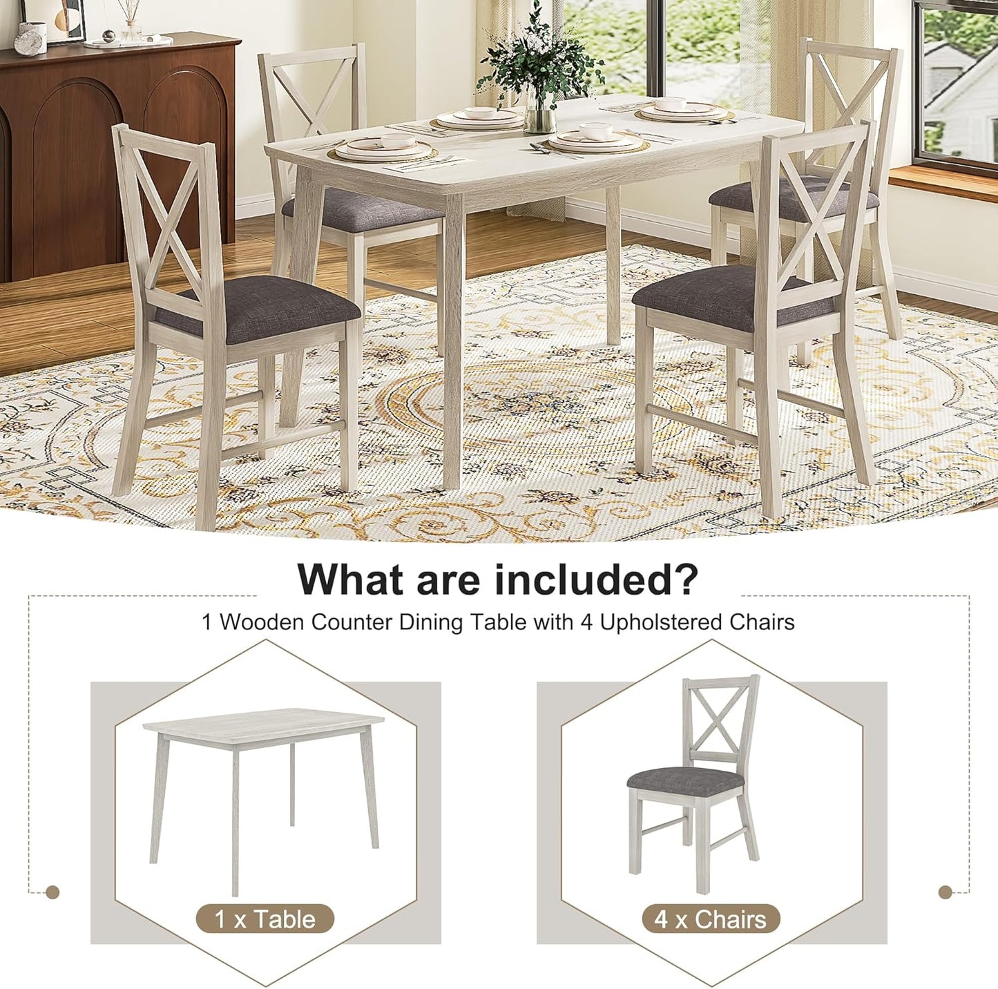 5-Piece Dining Table Set for 4, Solid Wood Kitchen Table Set with 4 Upholstered Dining Chairs, 47'' Farmhouse Structure Table & Chair Set for Kitchen, Dining Room, Restaurant, Washed Gray